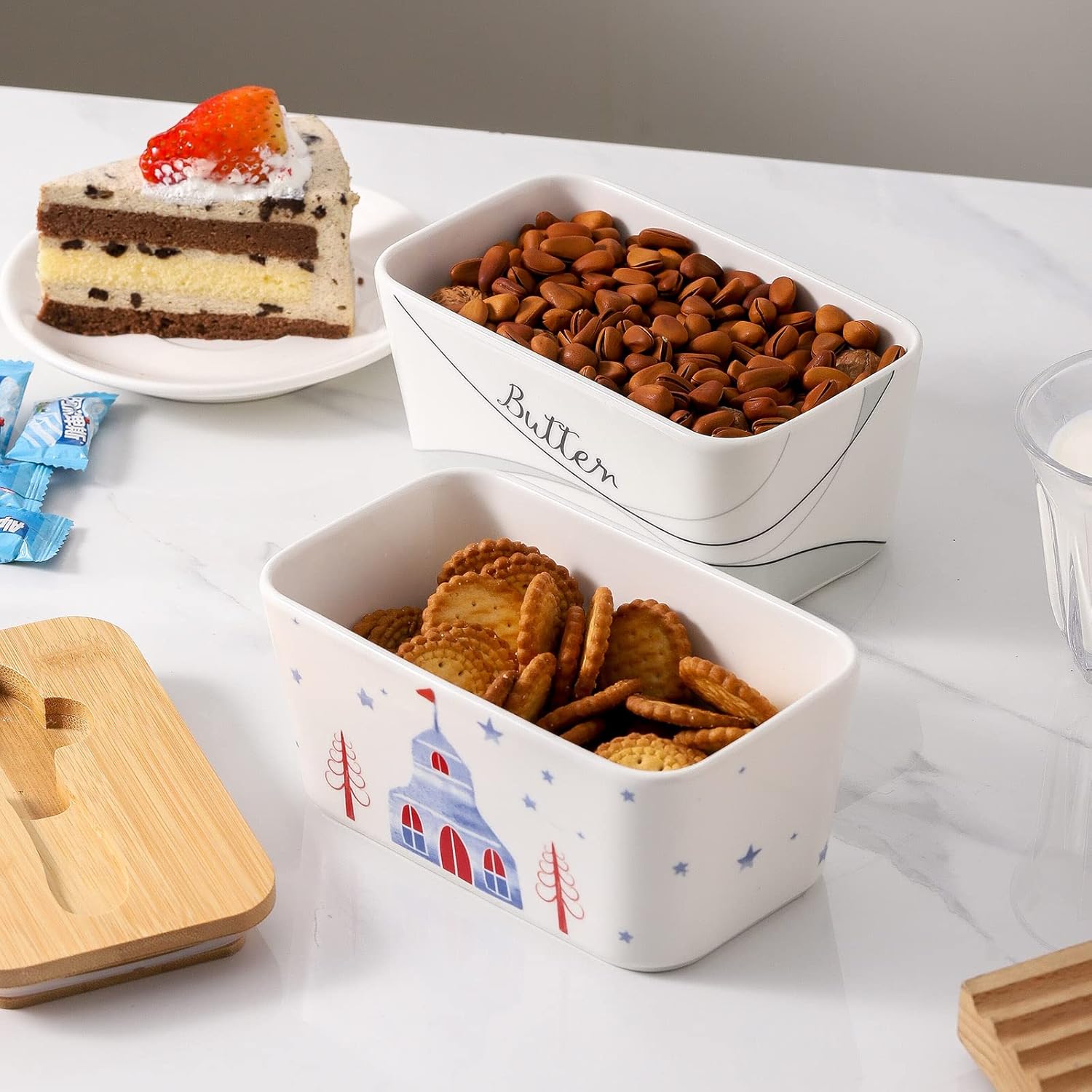 Covered Butter Dish with Lid for Countertop and Refrigerator, Large Ceramic Airtight Butter Holder Keeper Container