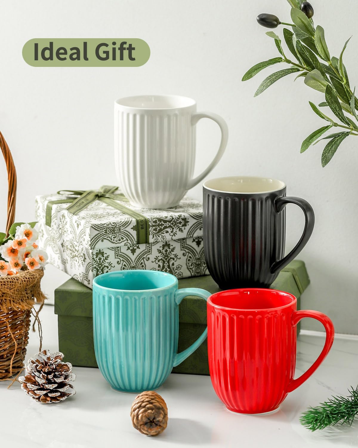 Porcelain Coffee Mugs, 16 Oz Large Ceramic Ribbed Coffee Cups with Big Handle, Modern Tea Cups Set of 4 for Coffee and Cocoa, Wedding, Housewarming Gift