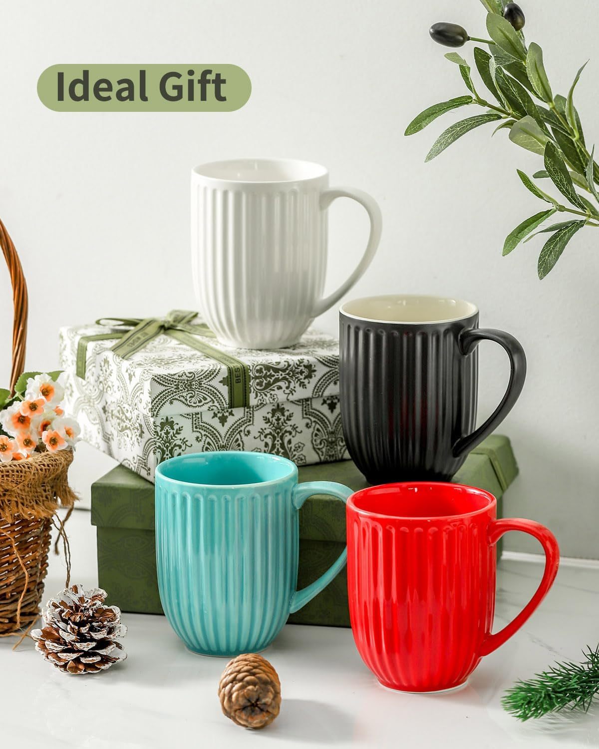 Porcelain Coffee Mugs, 16 Oz Large Ceramic Ribbed Coffee Cups with Big Handle, Modern Tea Cups Set of 4 for Coffee and Cocoa, Wedding, Housewarming Gift