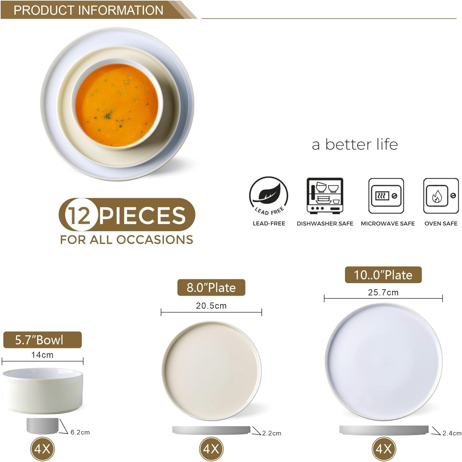 Ceramic Dinnerware Sets for 4, Modern Stoneware Plates and Bowls Sets,Chip and Crack Resistant | Dishwasher & Microwave Safe Ceramic Dishes Set,Service for 4 (12pc)-White&Beige