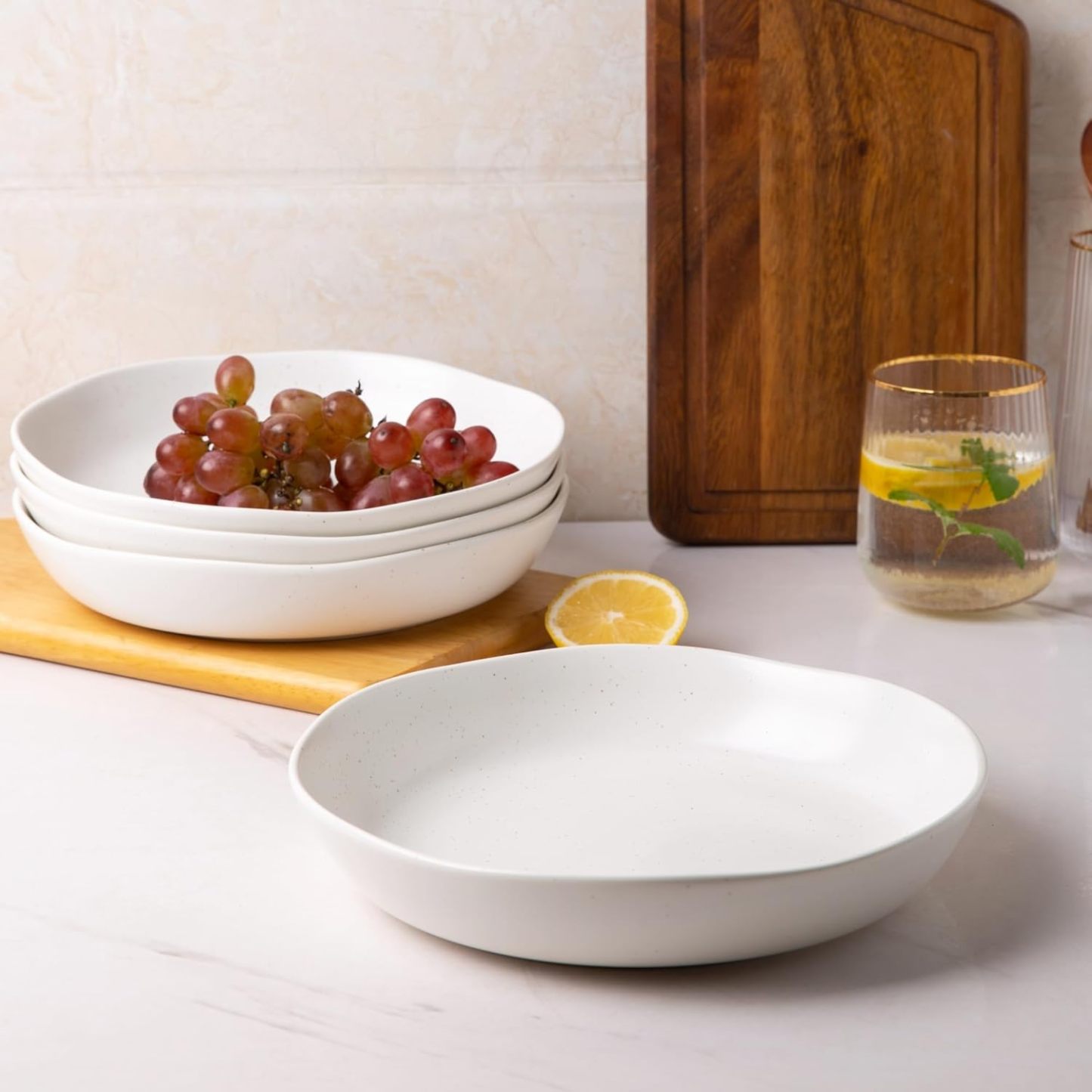 9.75'' Speckled Large Ceramic Pasta Bowls, 38oz Stoneware Bowls Set of 6, Oven, Microwave&Dishwasher Safe Bowls with Wavy Rim for Fruit Pasta Salad Meal, Matte Speckled White