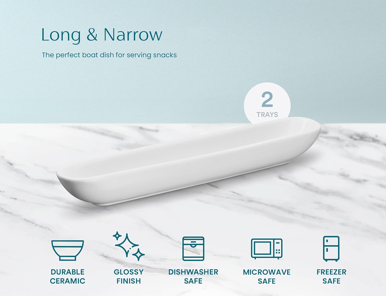 Olive Boat Tray, Set of 2, Charcuterie Tray, Grazing Table Supplies, Charcuterie Board Accessories, Ceramic Serving Dish, Narrow Canoe, Cheeses and Appetizers, Dishwasher Safe, 12”, White