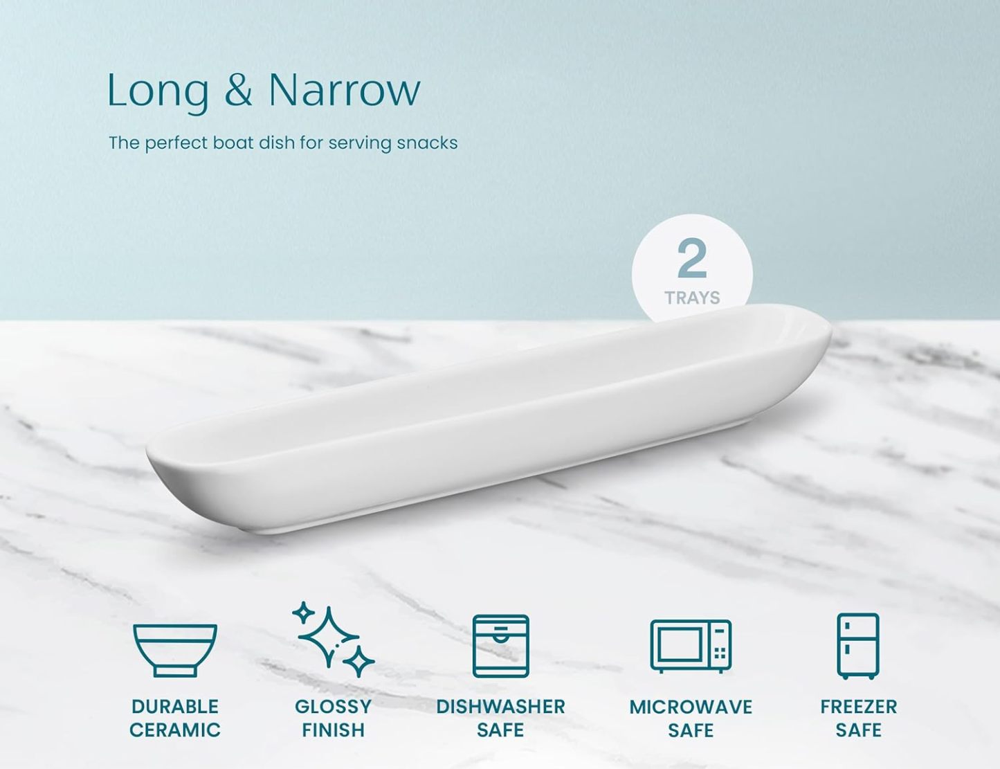 Olive Boat Tray, Set of 2, Charcuterie Tray, Grazing Table Supplies, Charcuterie Board Accessories, Ceramic Serving Dish, Narrow Canoe, Cheeses and Appetizers, Dishwasher Safe, 12”, White