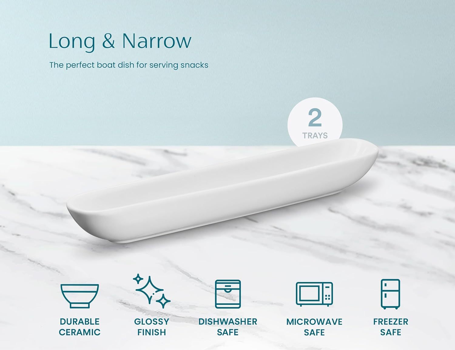 Olive Boat Tray, Set of 2, Charcuterie Tray, Grazing Table Supplies, Charcuterie Board Accessories, Ceramic Serving Dish, Narrow Canoe, Cheeses and Appetizers, Dishwasher Safe, 12”, White