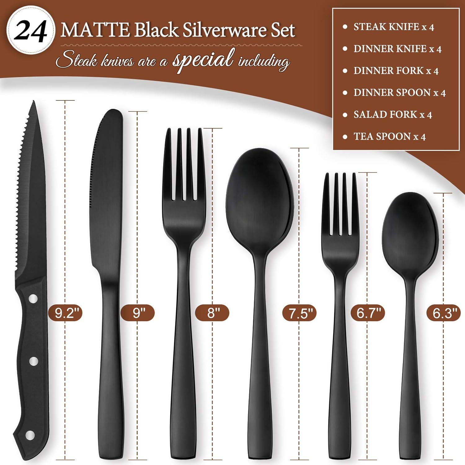 24 Pieces Matte Black Silverware Set with Steak Knives for 4, Stainless Steel Flatware Utensils Set, Hand Wash Recommended