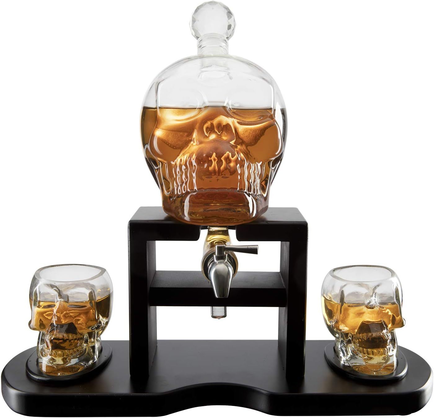 Skull Skeleton Wine & Whiskey Decanter Set 750 mL With 2 Skull 3oz Skeletons Shot Glasses + Mahogany Wooden Base & Pouring Spigot Decor Glass