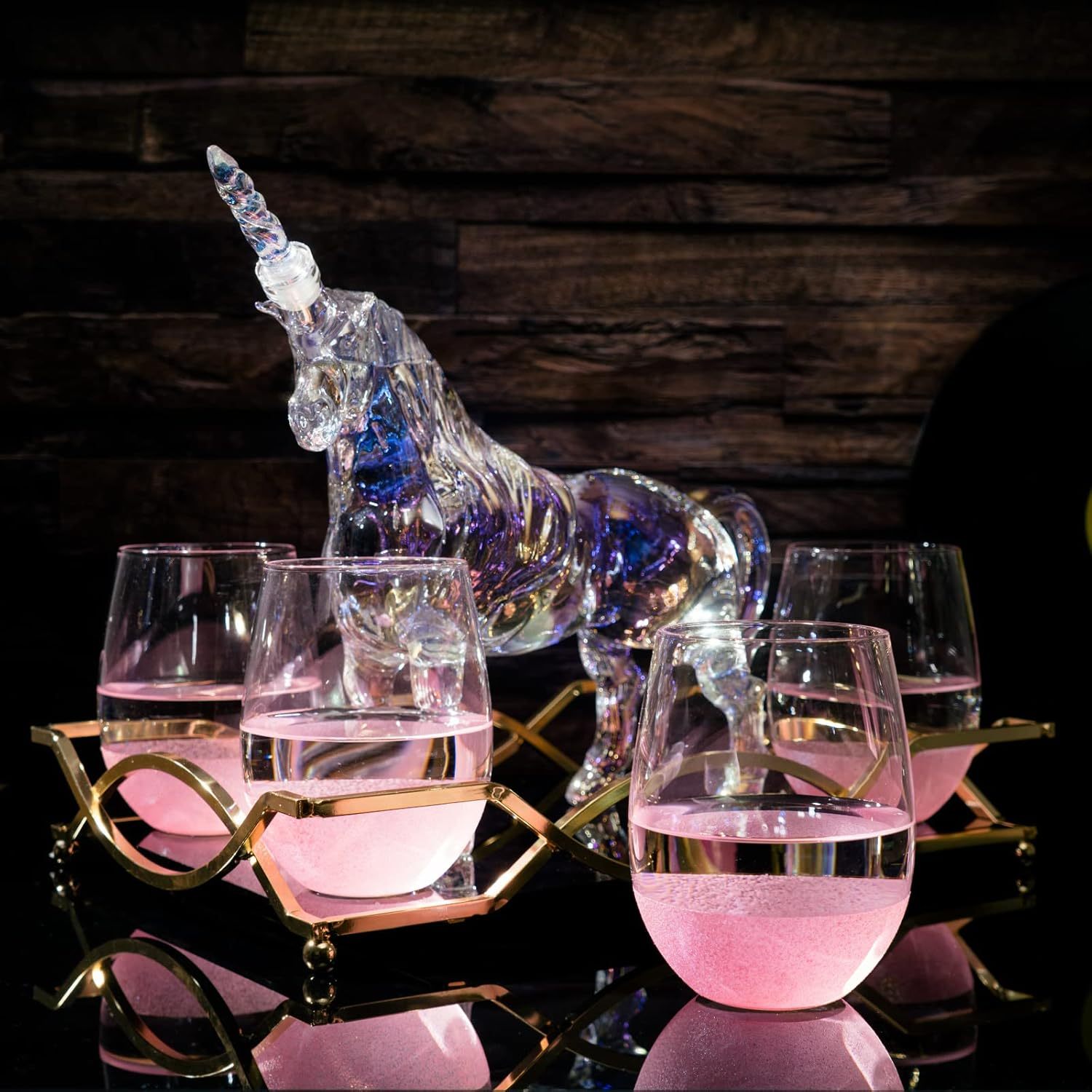 Iridescent Unicorn Wine Whiskey Decanter Set 750ml With 4 Pink Sparkle Glasses for Wine, Whiskey, Scotch, Tequila or Any Drink