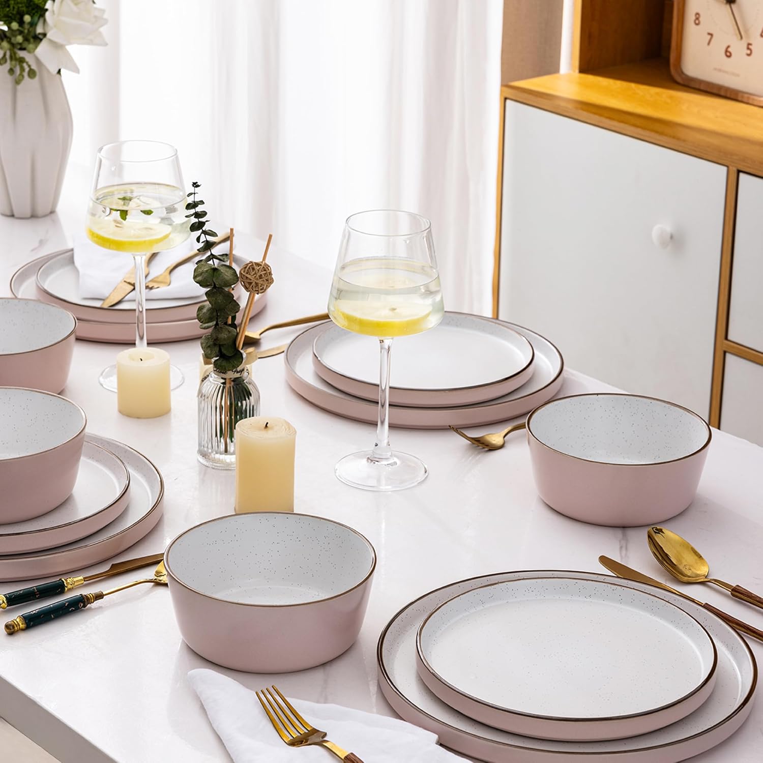 Dinnerware Set for 4, 12 Pieces Ceramic Plates and Bowls Set, Handcrafted Speckled Stoneware Plates Set, Dishwasher & Microwave Safe Dishes Set - (Pink, Service for 4)