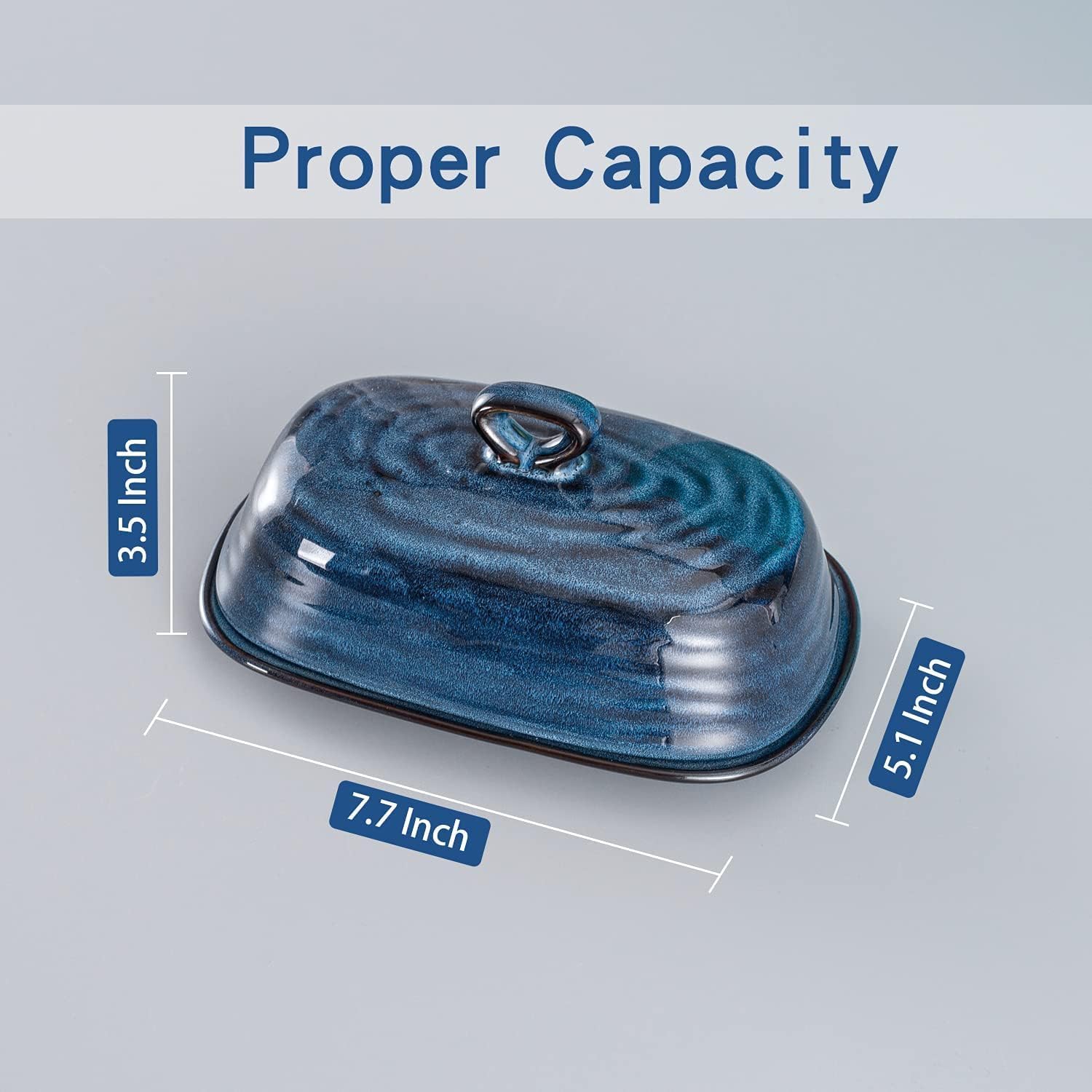 Butter Dish with Lid, Porcelain Butter Container with Handle for Countertop, Large Butter Keeper & Holder with Cover for West East Coast Butter