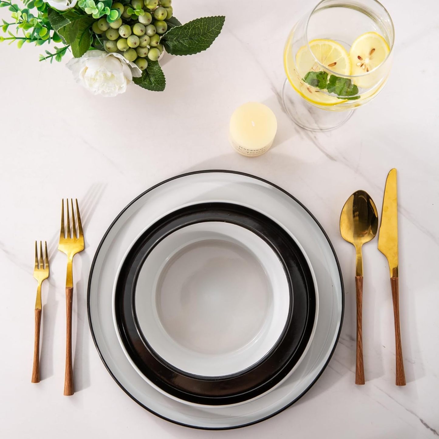 Dinnerware Sets for 6, 18 Piece Stoneware Plates and Bowls Set, Chip and Crack Resistant Plates Set, Dishwasher & Microwave Safe Ceramic Dishes Set - (Black and White, Service for 6)