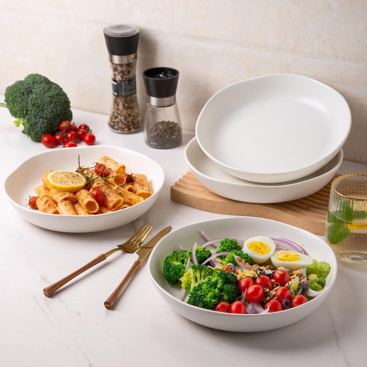 9.75'' Speckled Large Ceramic Pasta Bowls, 38oz Stoneware Bowls Set of 6, Oven, Microwave&Dishwasher Safe Bowls with Wavy Rim for Fruit Pasta Salad Meal, Matte Speckled White