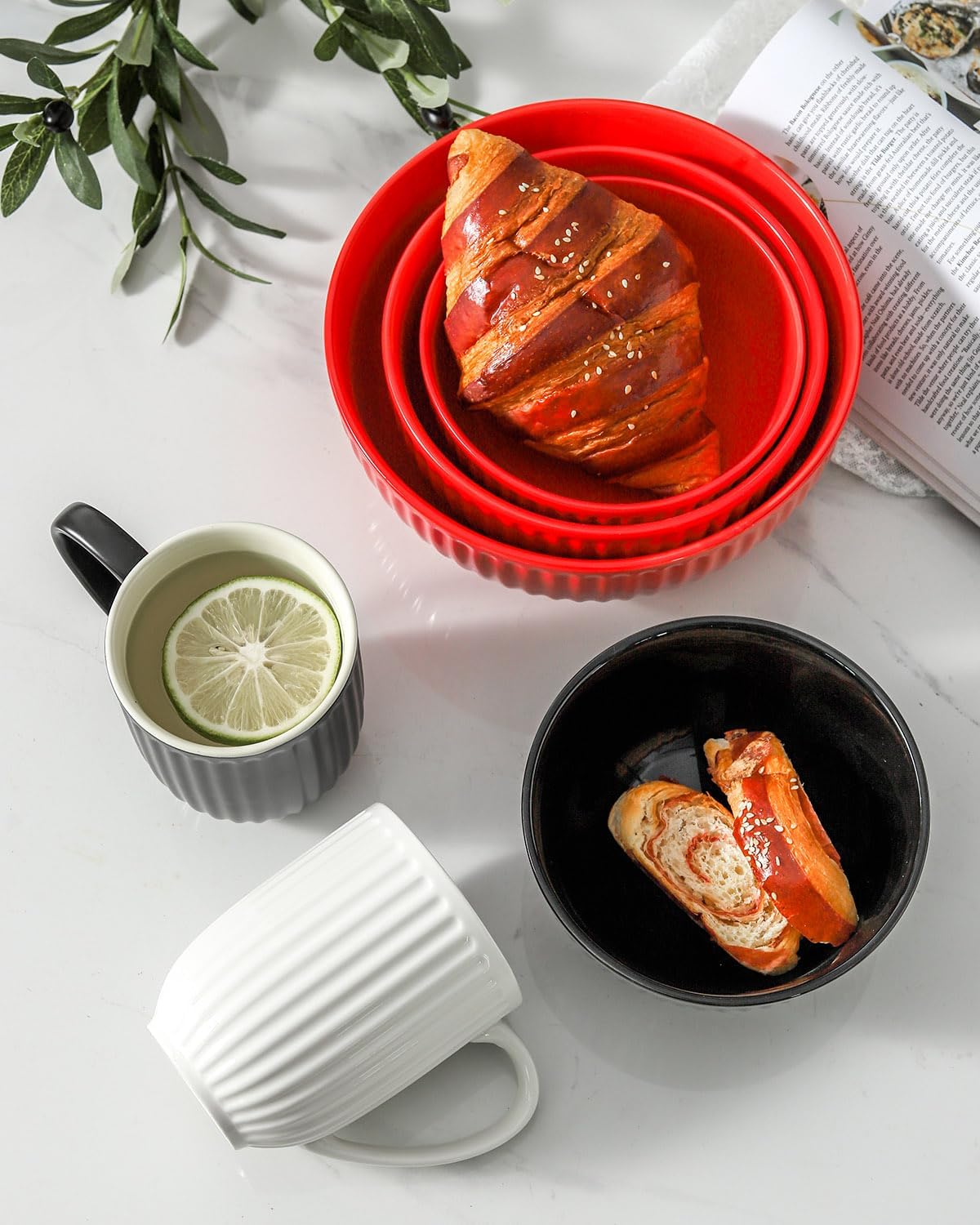 Porcelain Coffee Mugs, 16 Oz Large Ceramic Ribbed Coffee Cups with Big Handle, Modern Tea Cups Set of 4 for Coffee and Cocoa, Wedding, Housewarming Gift