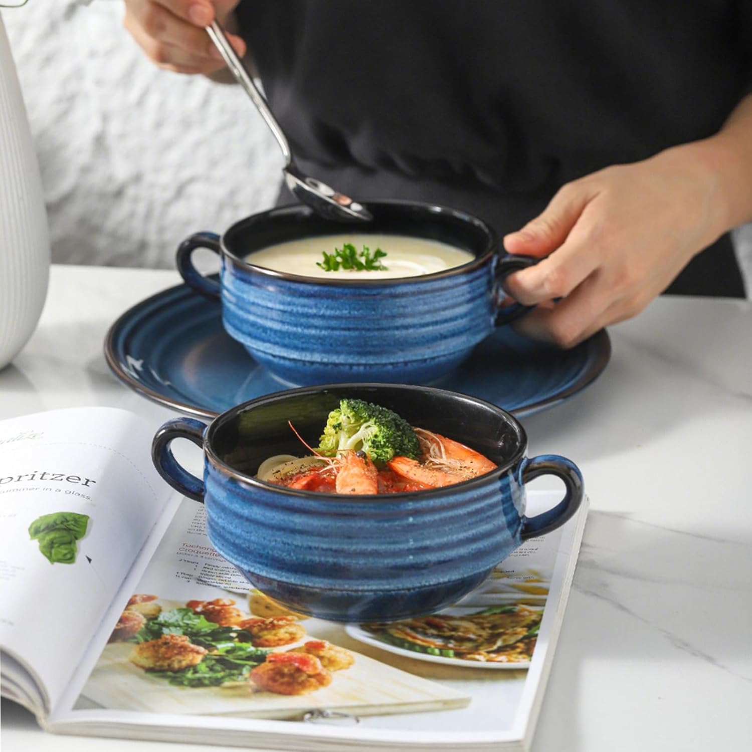 Soup Bowls, 24oz French Onion Soup Bowls with Handle Set of 6, Serving Soup Crock for Stew, Pasta, Chili, Stackable Oven Safe Bowls, Microwave Dishwasher Safe, Blue