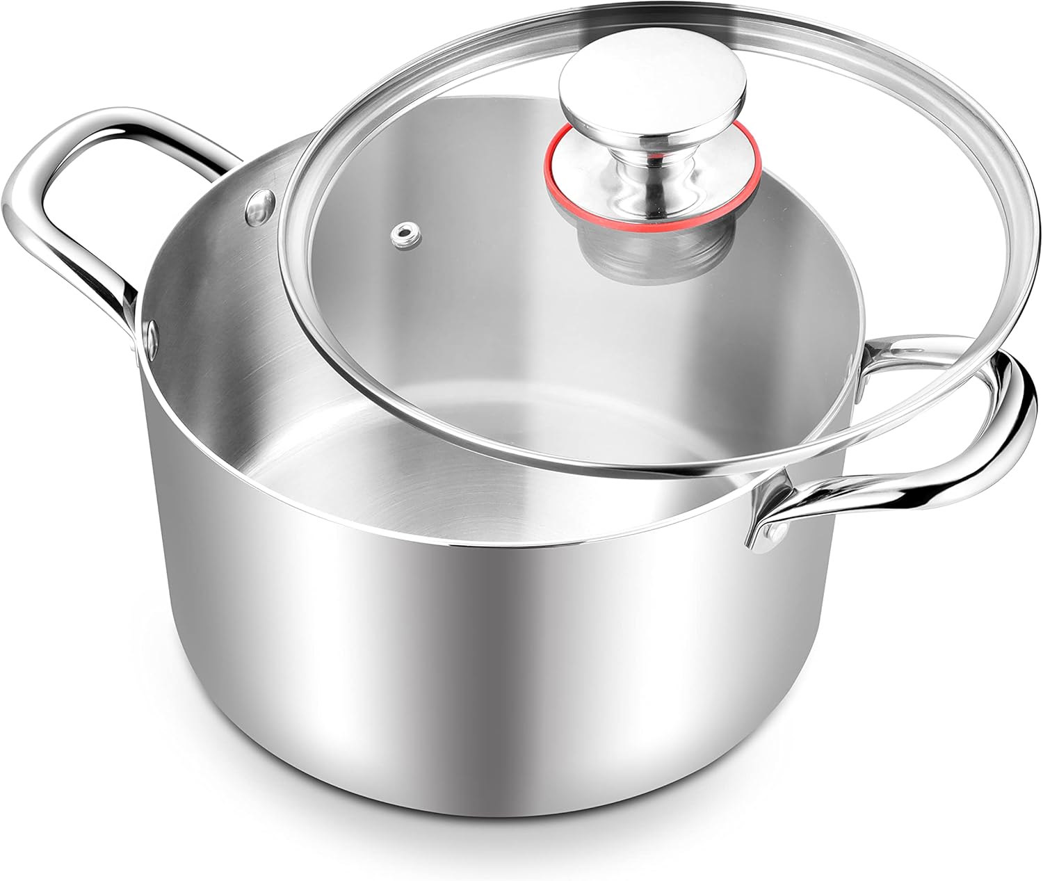 6 Quart Stock Pot, Stainless Steel Tri-Ply Cooking Pasta Pot with Tempered Glass Lid for Induction/Electric/Gas/Ceramic, Healthy & Sturdy, Double Riveted Handles & Dishwasher Safe