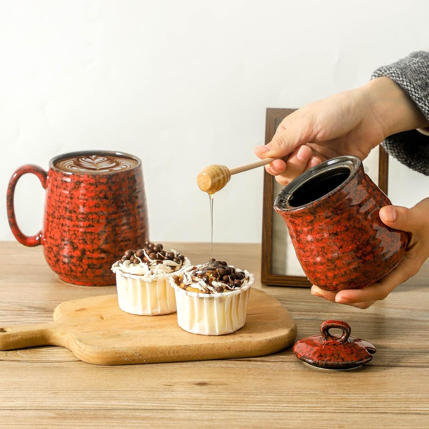 Ceramic Honey Jar and Dipper Set, 12 Ounce Honey Pot with Lid and Wooden Dipper, Porcelain Honey Dipper Stick and Jar Set