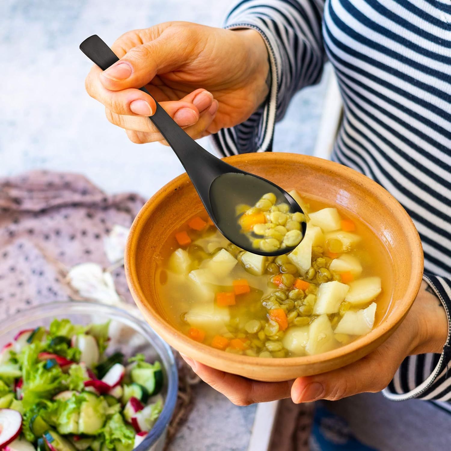 Matte Black Thick Heavy-Weight Soup Spoons, Stainless Steel Soup Spoons, Table Spoons, Set of 6