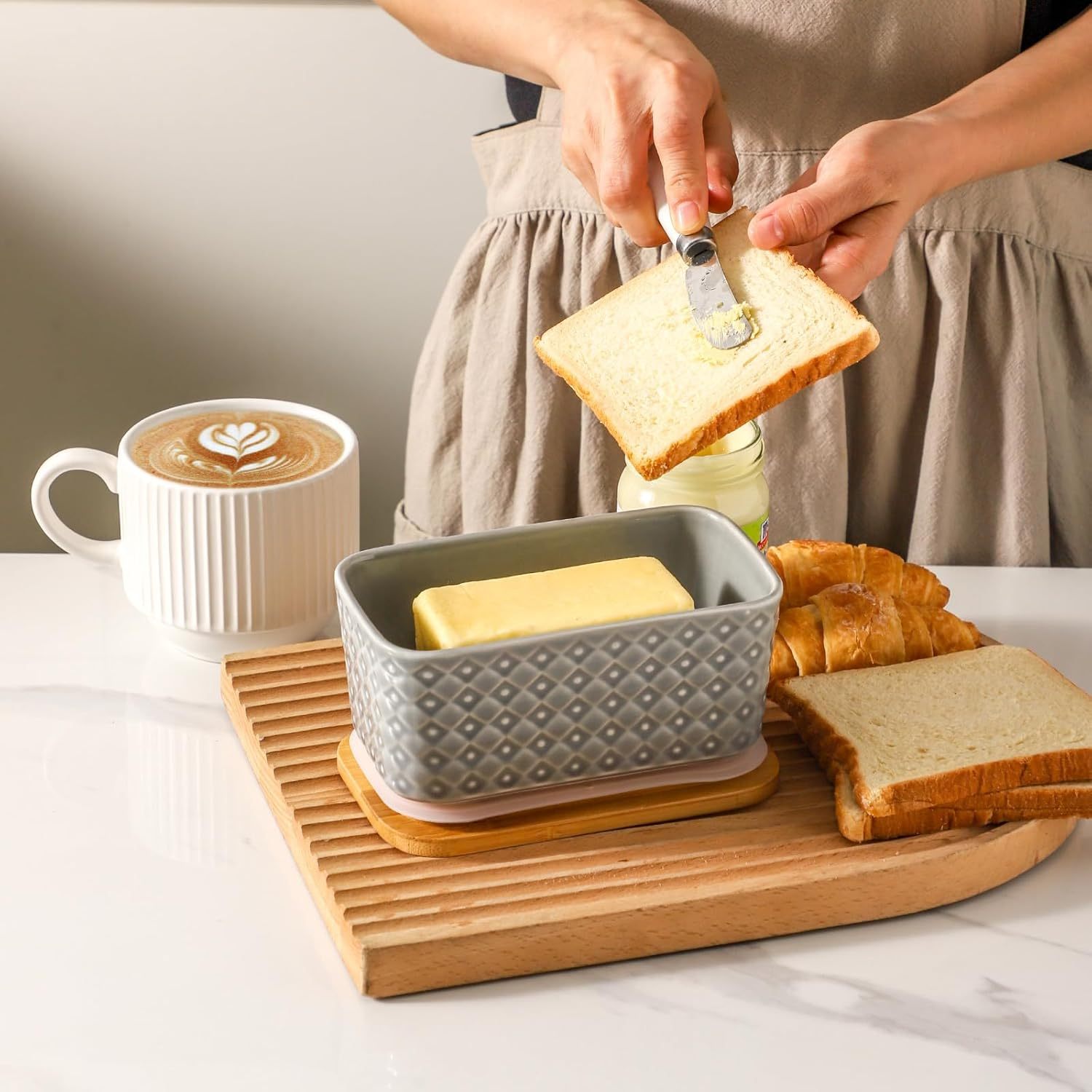 Ceramic Butter Dish with Wooden Lid, Large Butter Container for Countertop Airtight Butter Stick Covered Keeper