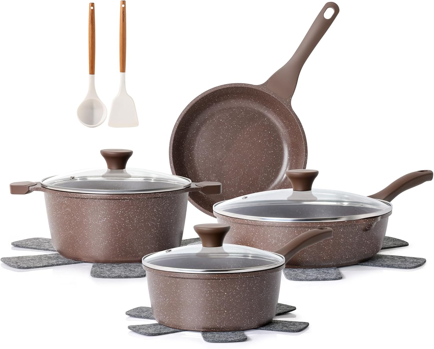 Nonstick Cookware Set 13-Piece, Healthy Pots and Pans Set Non-toxic Kitchen Cooking Set with Granite Coating, Stay-Cool Handles, Silicone Utensils and Pot Protectors, PFOA Free