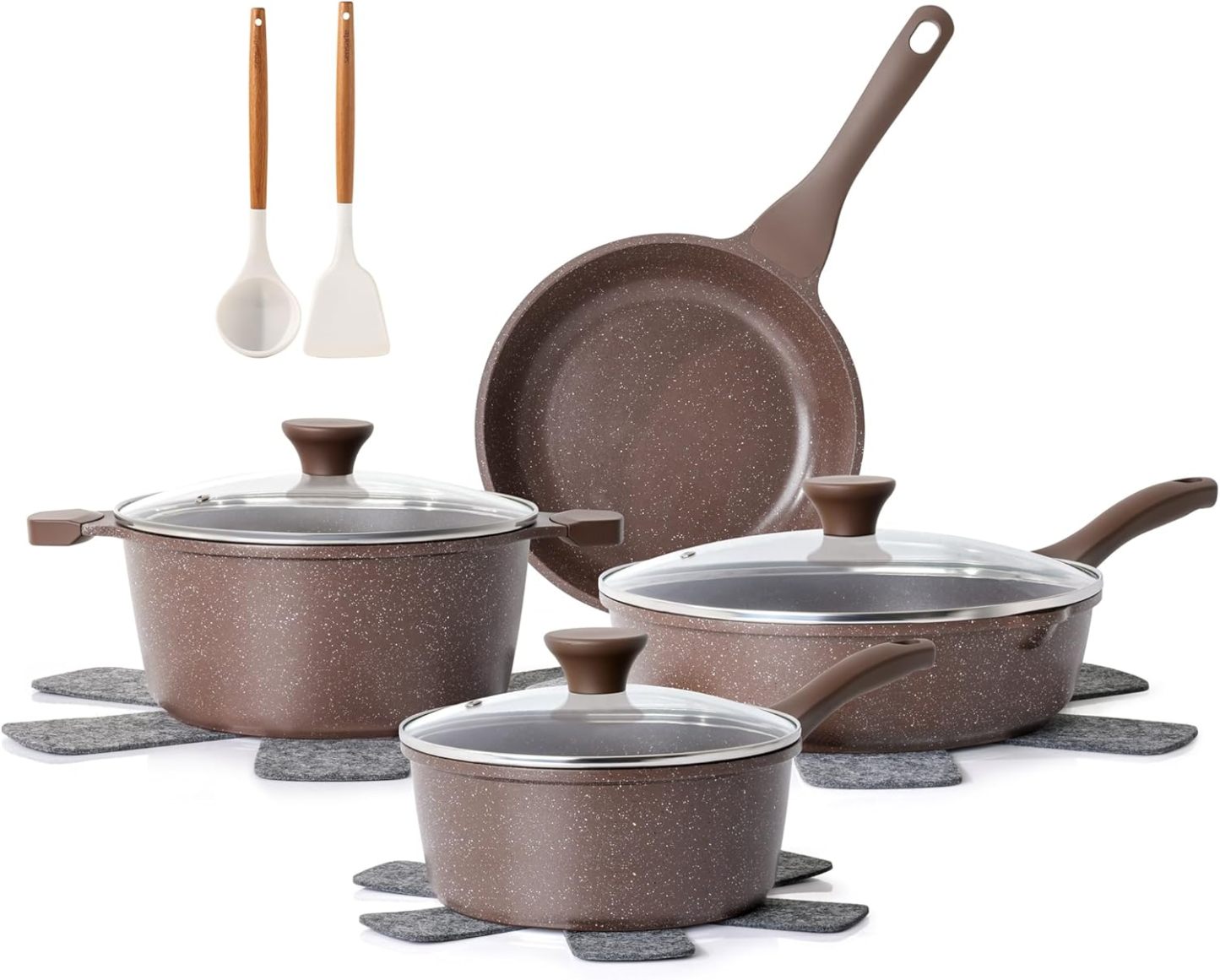 Nonstick Cookware Set 13-Piece, Healthy Pots and Pans Set Non-toxic Kitchen Cooking Set with Granite Coating, Stay-Cool Handles, Silicone Utensils and Pot Protectors, PFOA Free