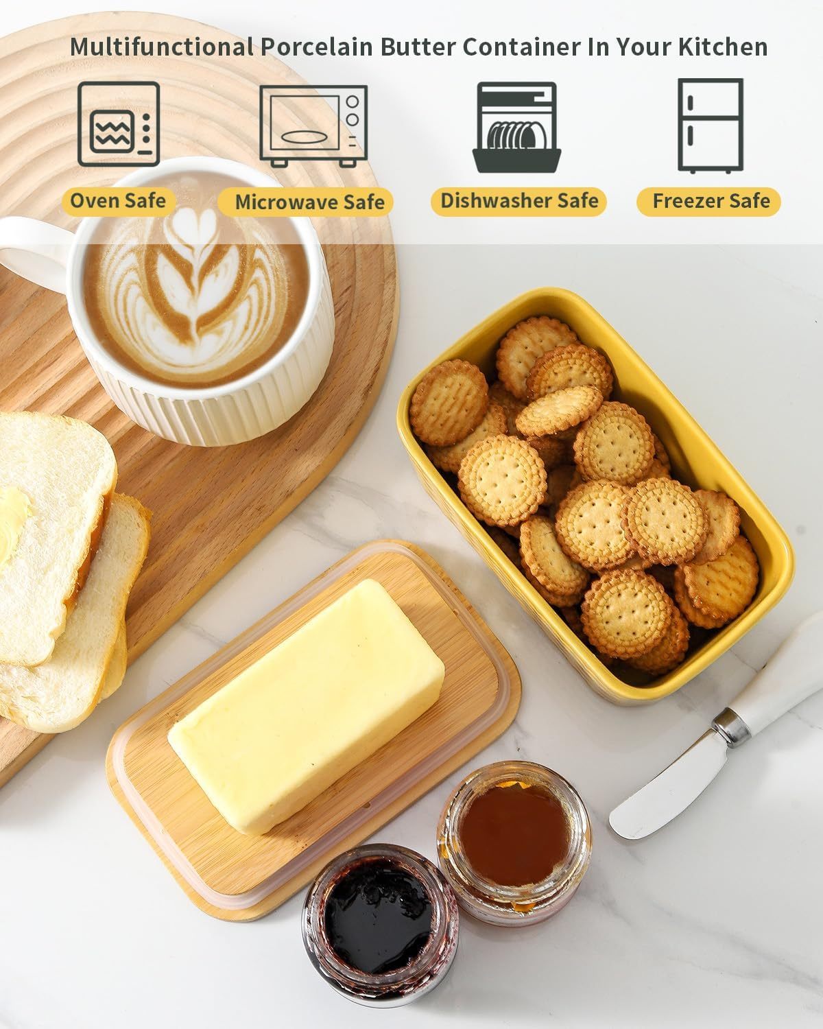 Ceramic Butter Dish with Sealing Lid, Large Yellow Butter Container for Countertop Airtight Butter Stick Covered Keeper Storage