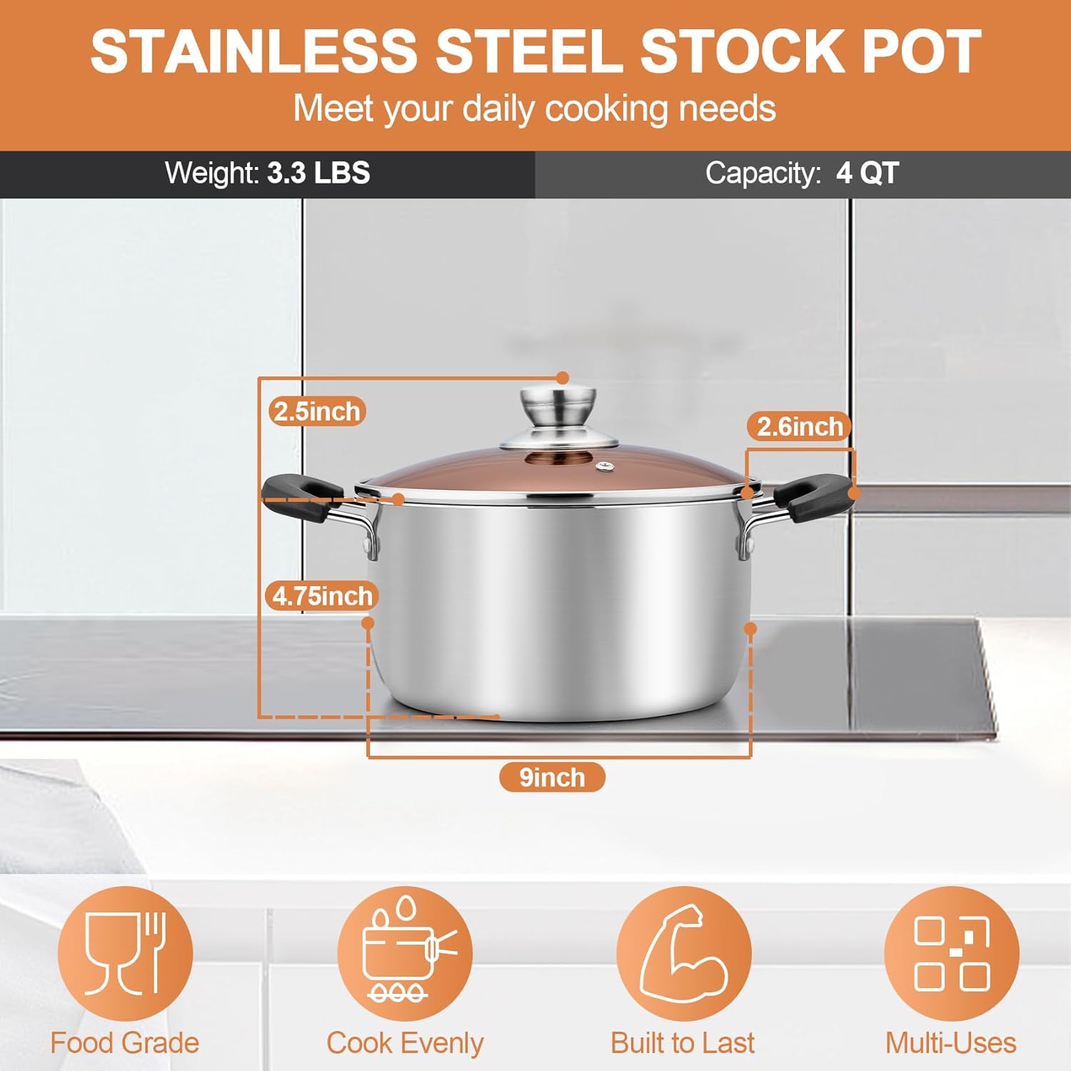 Stainless Steel Stock Soup Pasta Pot with Lid, Double Heatproof Handles, Non Toxic & Healthy, Easy Clean & Dishwasher Safe