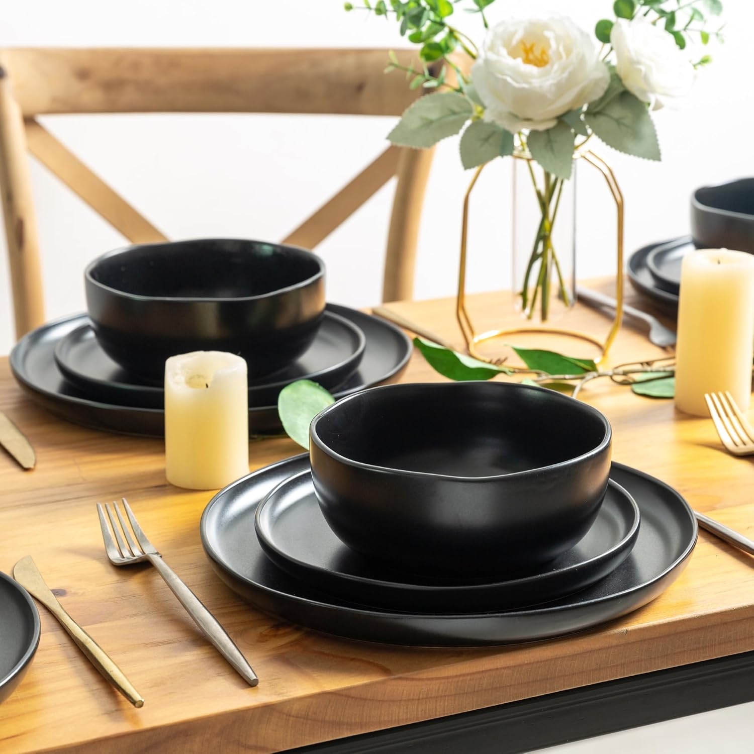 Ceramic Dinnerware Sets, Wavy Rim Stoneware Plates and Bowls Sets, Highly Chip and Crack Resistant | Dishwasher & Microwave & Oven Safe Dishes set, Service for 6 (18pc)