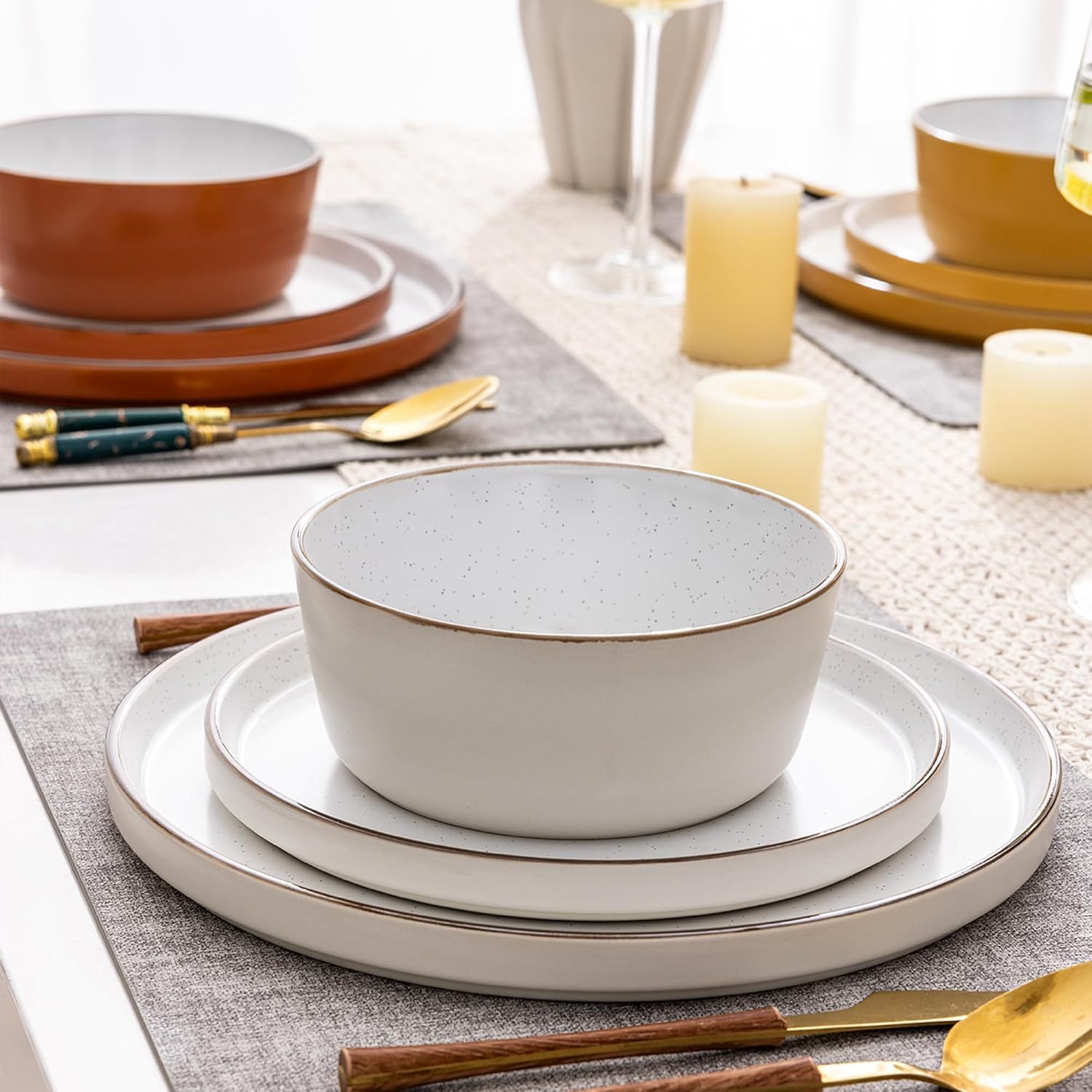 Dinnerware Set for 4, 12 Pieces Ceramic Plates and Bowls Set, Handcrafted Speckled Stoneware Plates Set, Dishwasher & Microwave Safe Dishes Set- (Multicolor, Service for 4)