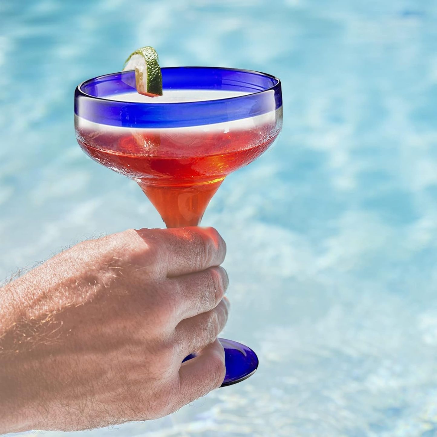 Set of 4 Large 16oz, Cobalt Blue Rim Line, Luxury Margarita & Cocktail Glasses, Mexico Design Large 16oz