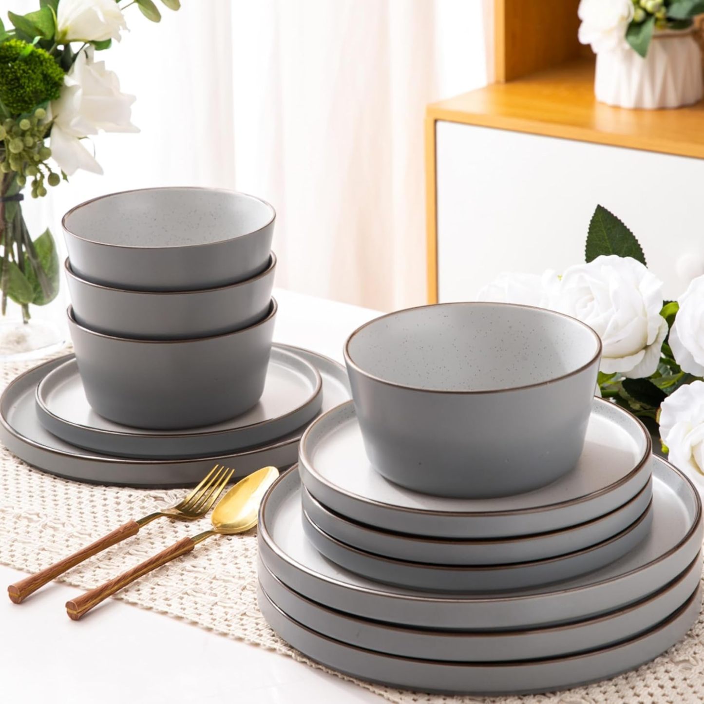 Dinnerware Set for 4, 12 Pieces Ceramic Plates and Bowls Set, Handcrafted Speckled Stoneware Plates Set, Dishwasher & Microwave Safe Dishes Set - (Grey, Service for 4)