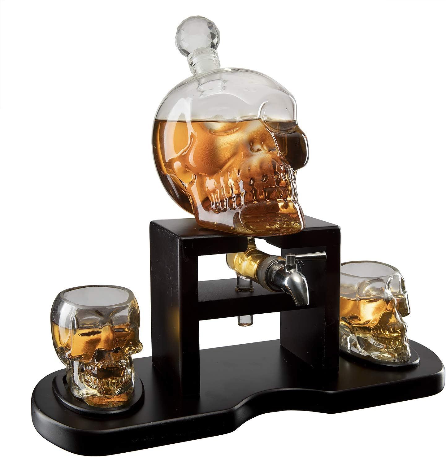 Skull Skeleton Wine & Whiskey Decanter Set 750 mL With 2 Skull 3oz Skeletons Shot Glasses + Mahogany Wooden Base & Pouring Spigot Decor Glass
