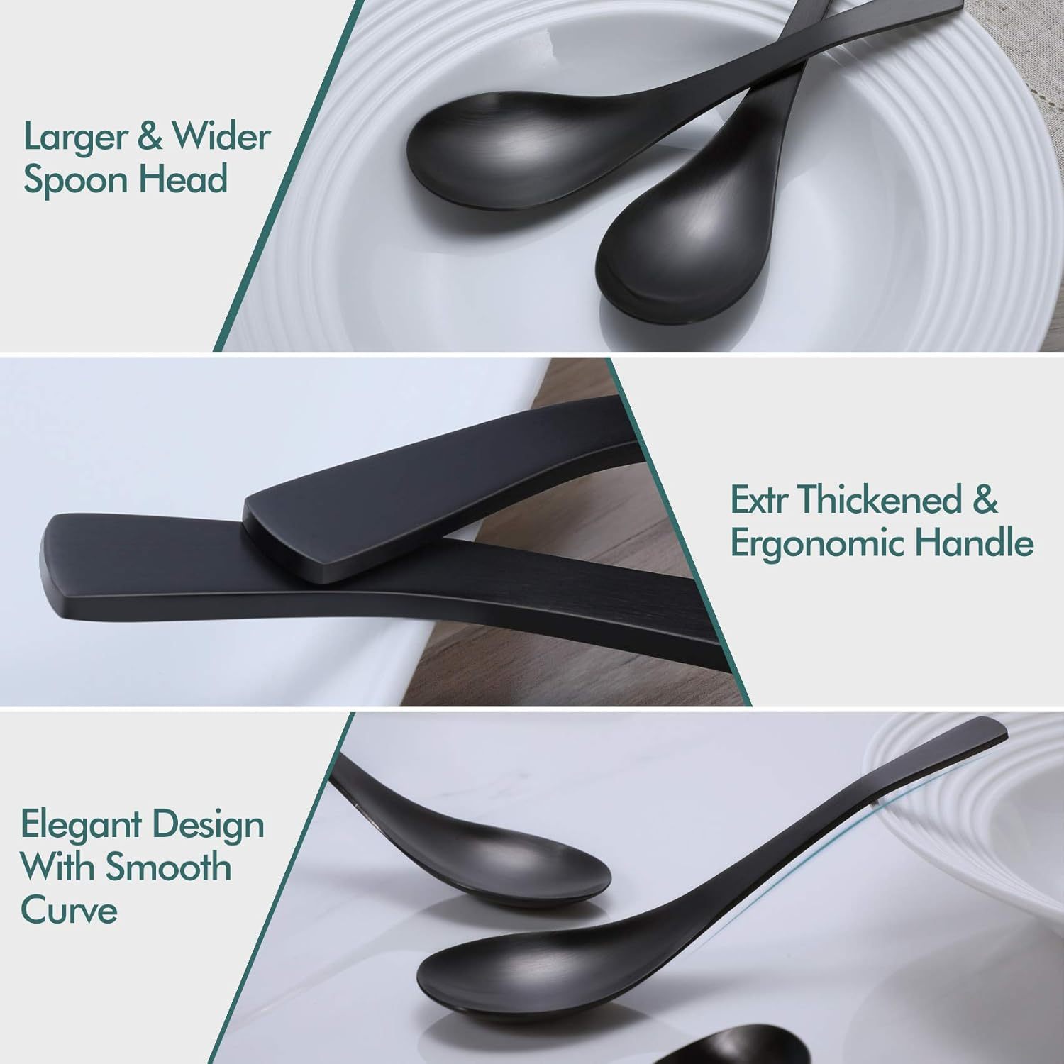 Matte Black Thick Heavy-Weight Soup Spoons, Stainless Steel Soup Spoons, Table Spoons, Set of 6