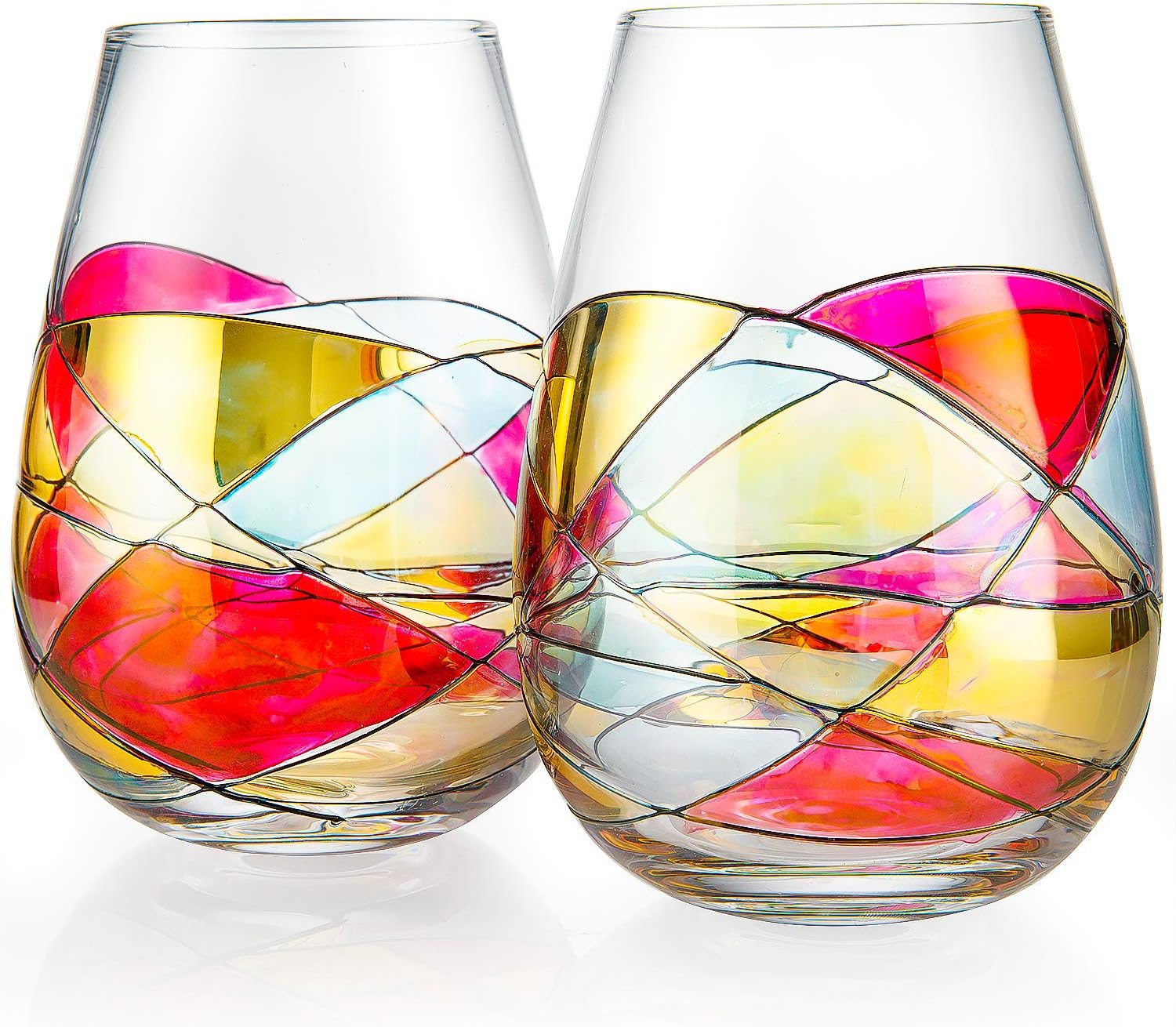 Artisanal Hand Painted Stemless Wine Glasses - Renaissance Romantic Stain-glassed Windows 2 Set