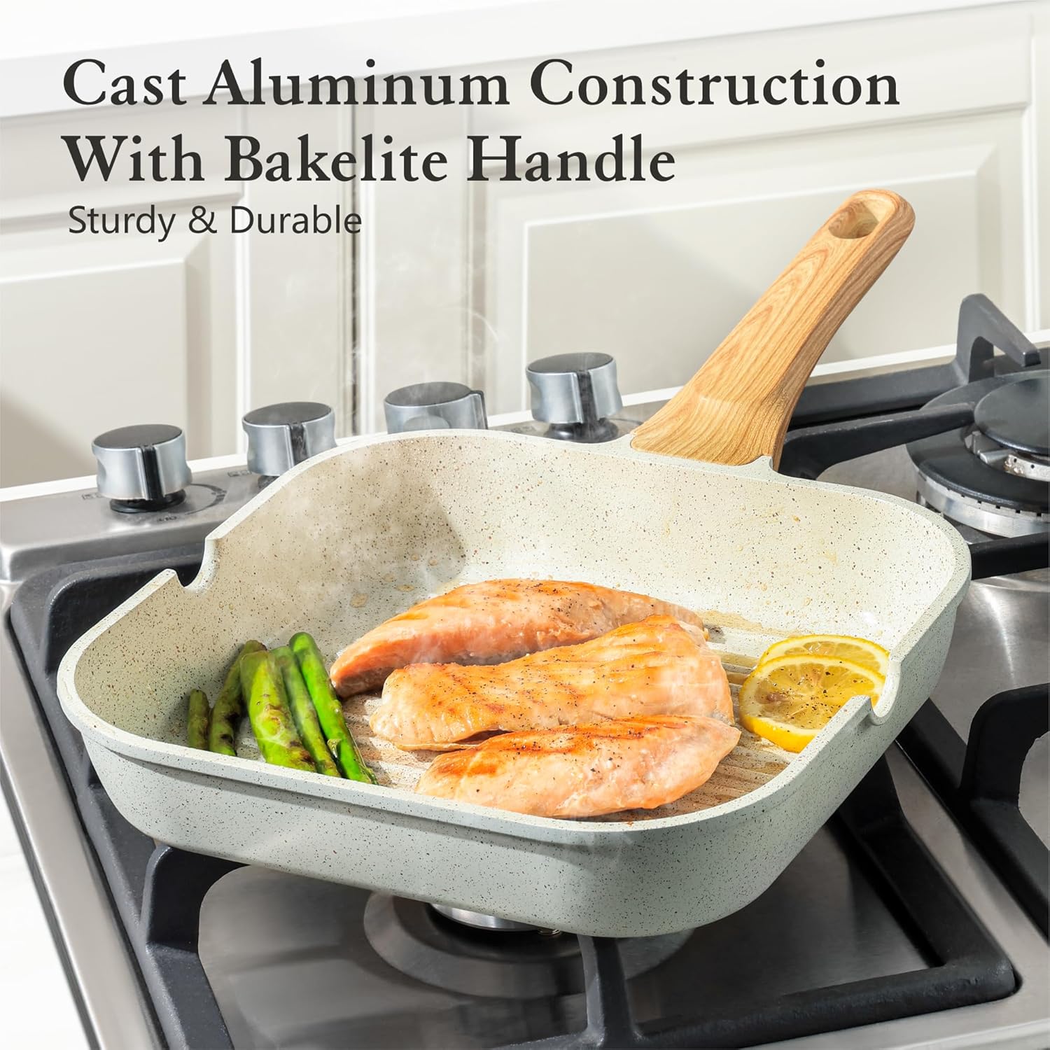 12Inch Nonstick Ceramic Grill Pan for Stove Tops, Square Grilling Pan with Pour Spouts, Non Toxic Durable Grill Skillet for All Stoves(Gas,Electric,Induction) PTFE,PFAS,PFOA Free, (White)