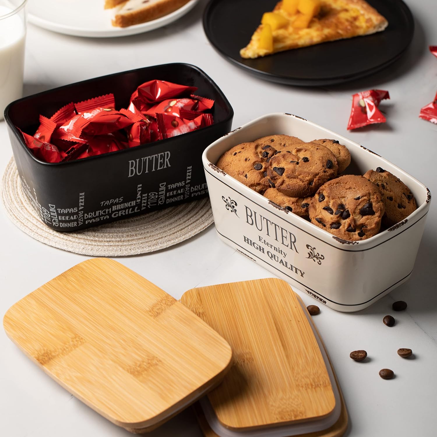 Farmhouse Butter Dish with Lid for Countertop, Butter Keeper & Holder, Butter Container for Fridge with Wooden Freshness Seal