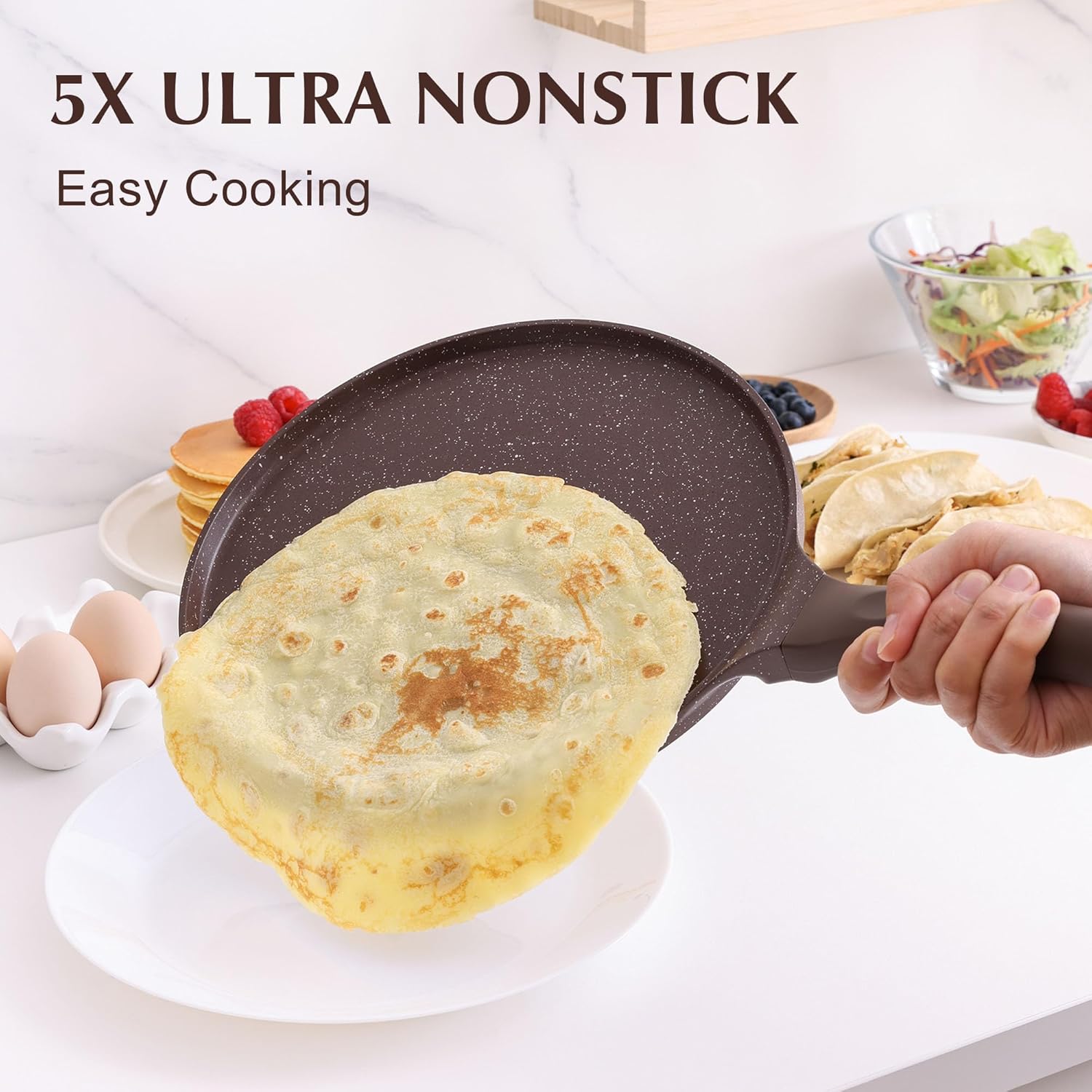 Nonstick Crepe Pan, Swiss Granite Coating Dosa Pan Pancake Flat Skillet Tawa Griddle 10-Inch with Stay-Cool Handle, Induction Compatible, PFOA Free (Toffee Brown)
