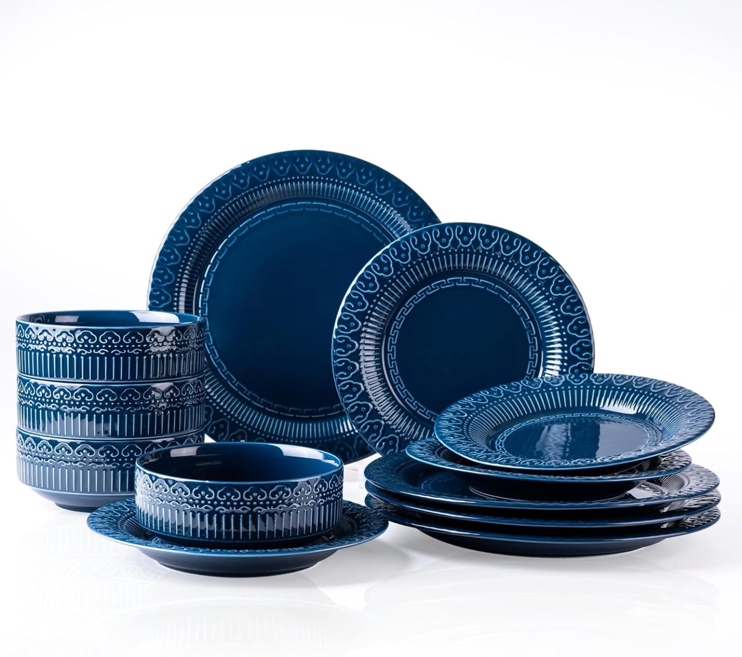 Ceramic Dinnerware Sets for 4, 12 Pieces Blue Plates and Bowls Set with Embossed Royal Pattern, Scratch Resistant Stoneware Dish Sets for Dinner, Dishwasher & Microwave Safe