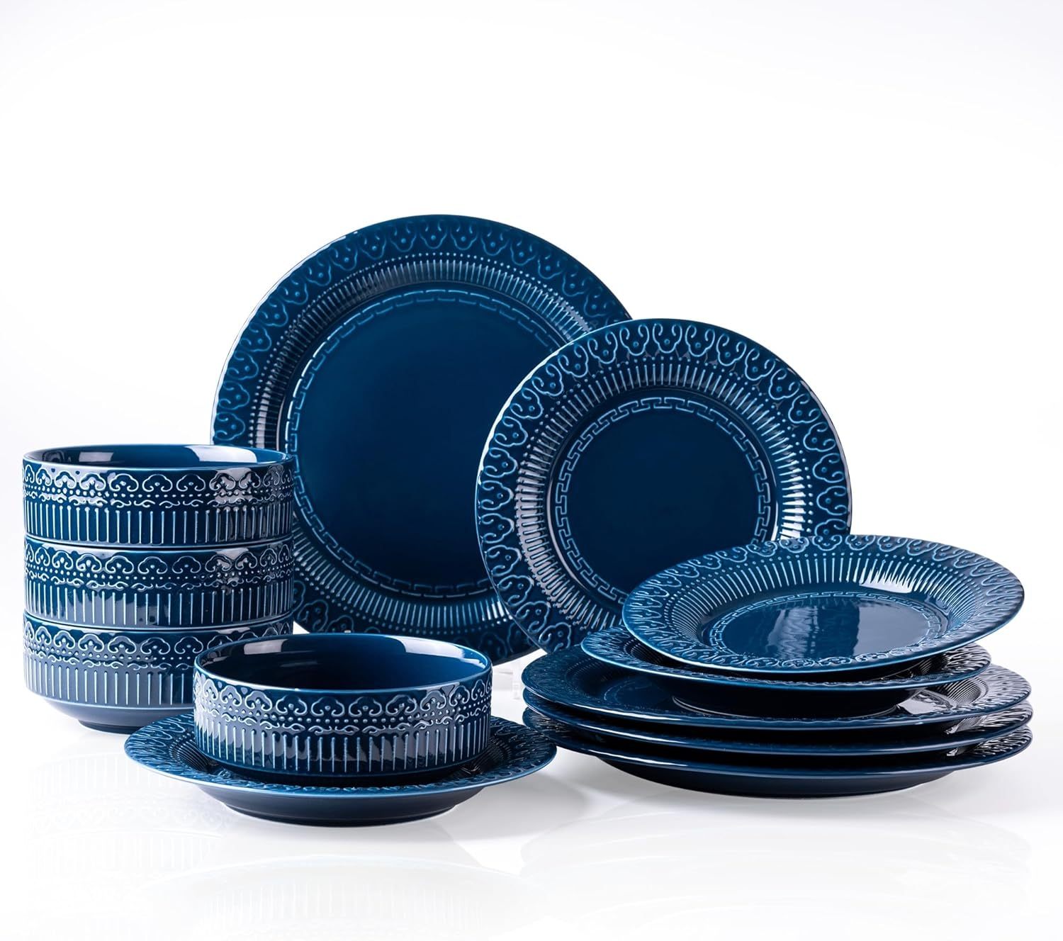 Ceramic Dinnerware Sets for 4, 12 Pieces Blue Plates and Bowls Set with Embossed Royal Pattern, Scratch Resistant Stoneware Dish Sets for Dinner, Dishwasher & Microwave Safe