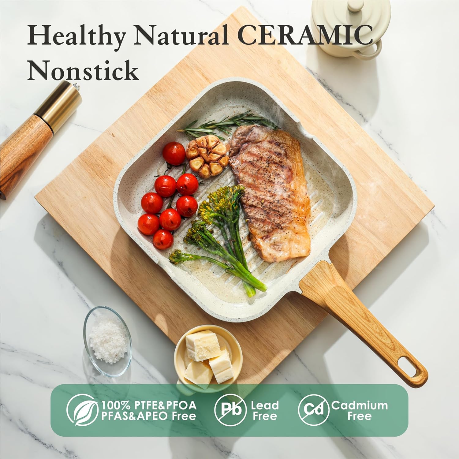 12Inch Nonstick Ceramic Grill Pan for Stove Tops, Square Grilling Pan with Pour Spouts, Non Toxic Durable Grill Skillet for All Stoves(Gas,Electric,Induction) PTFE,PFAS,PFOA Free, (White)