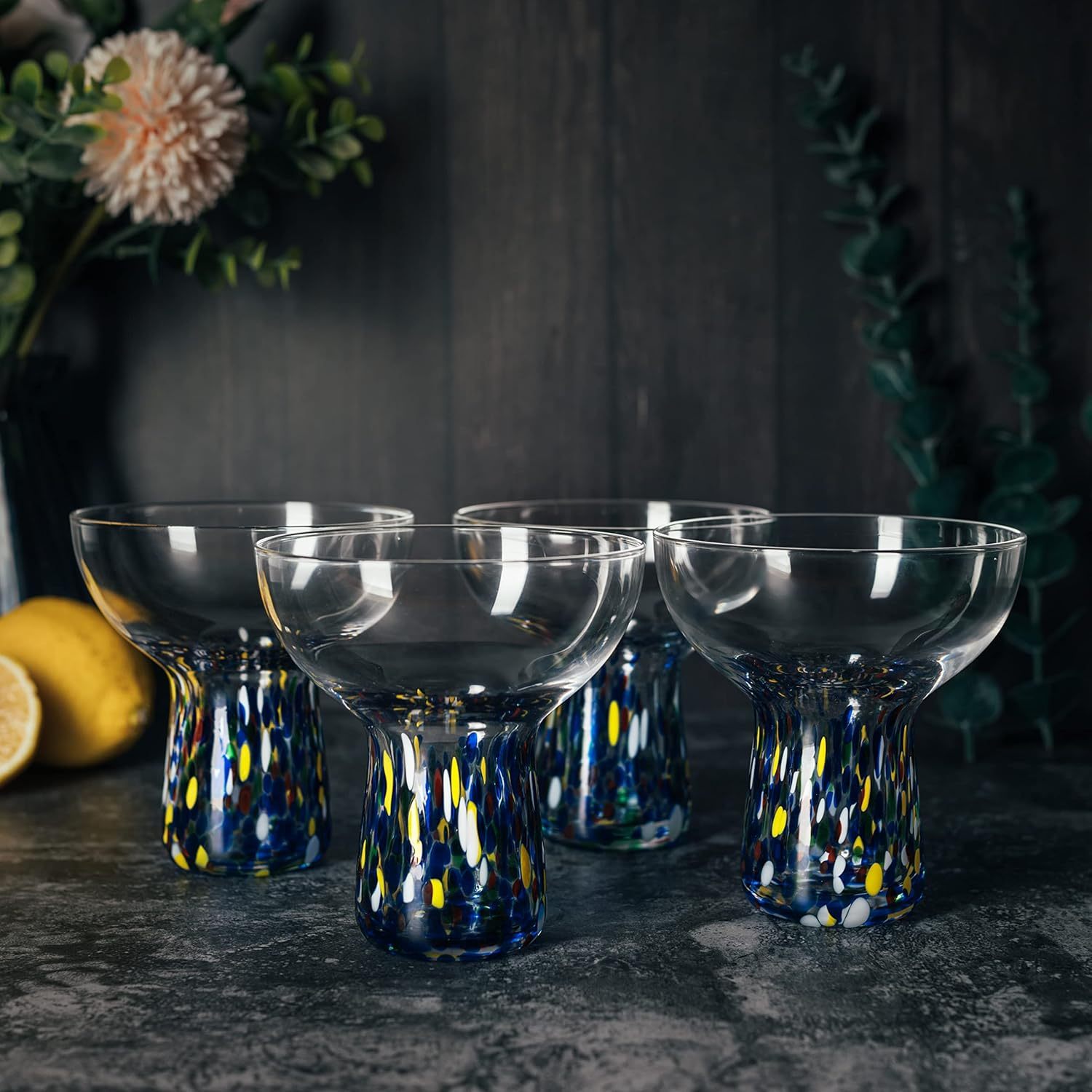 Set of 4 - Luxury Hand Blown Confetti Margaritas, Cocktails, Water, Wine, Dessert, Martini & Champagne Cinco de Mayo, Hand Blown