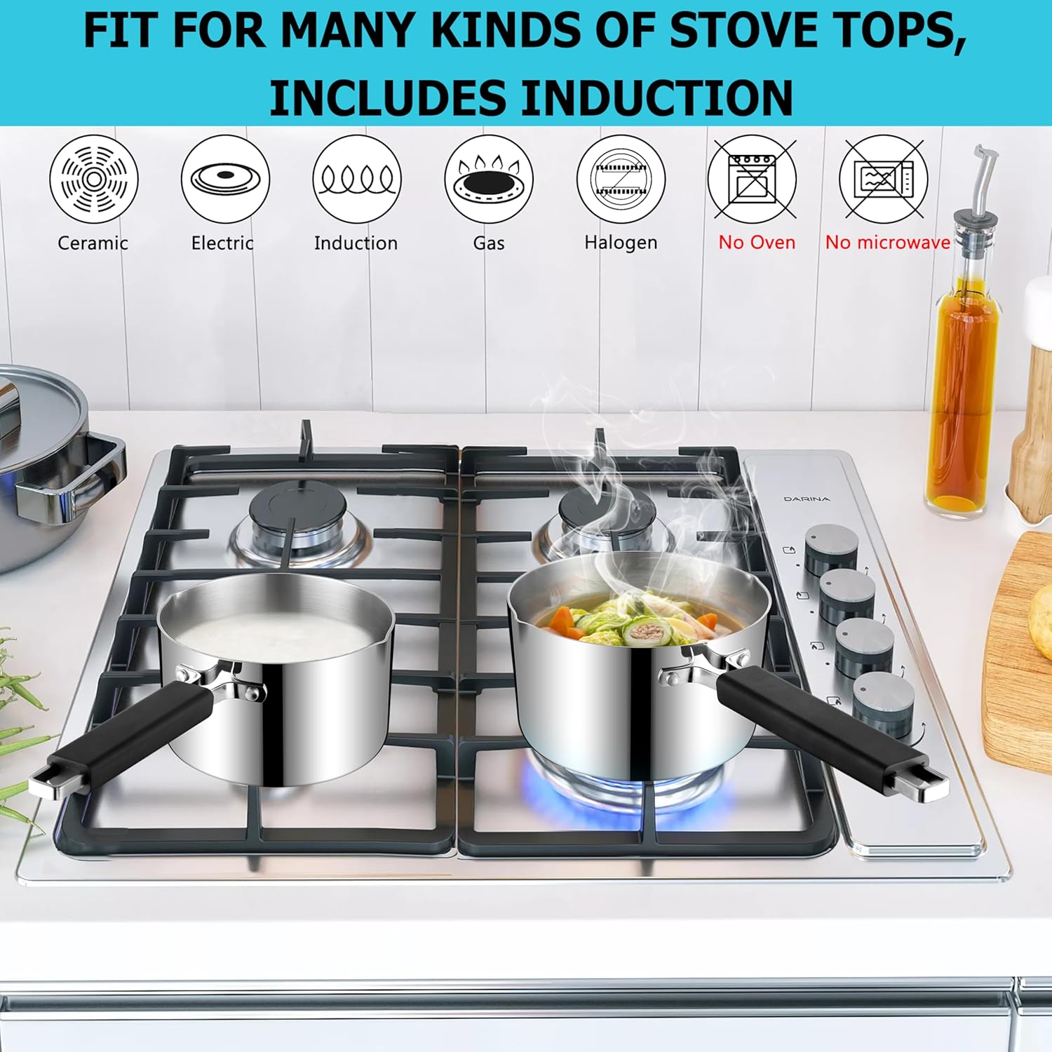 1QT & 2QT Stainless Steel Tri-Ply Milk Sauce Pan with Heatproof Handle for Cooking/Boiling/Braising, Fit for All Stoves