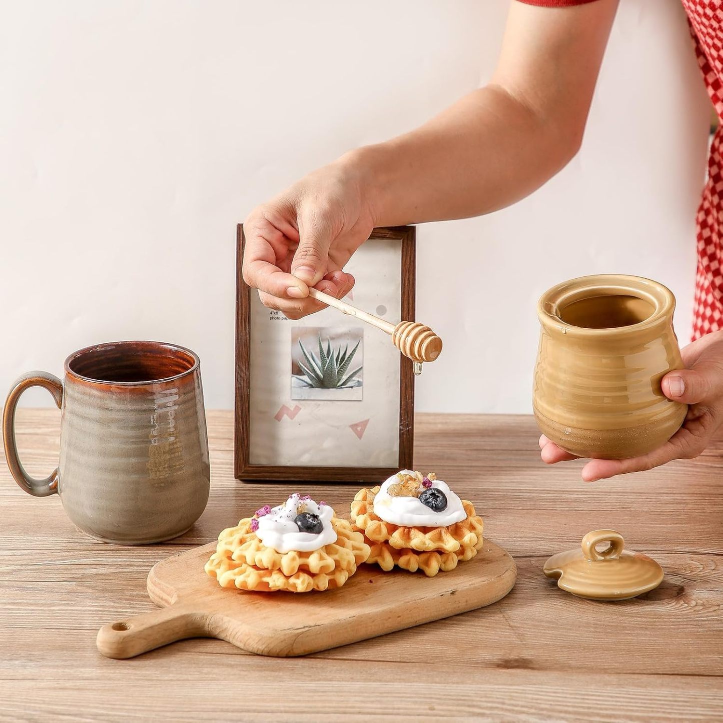 Ceramic Honey Jar and Dipper Set, 12 Ounce Honey Pot with Lid and Wooden Dipper, Porcelain Honey Dipper Stick and Jar Set