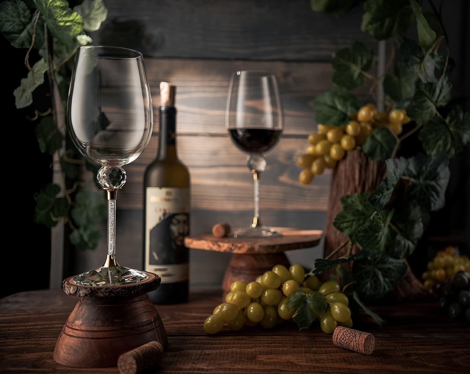 Diamond Studded Wine Glasses 16 Ounces - Set of 2 -Long Stem10-inches Tall, Gold and Laser Cut Sparkling Wine Wedding Glasses