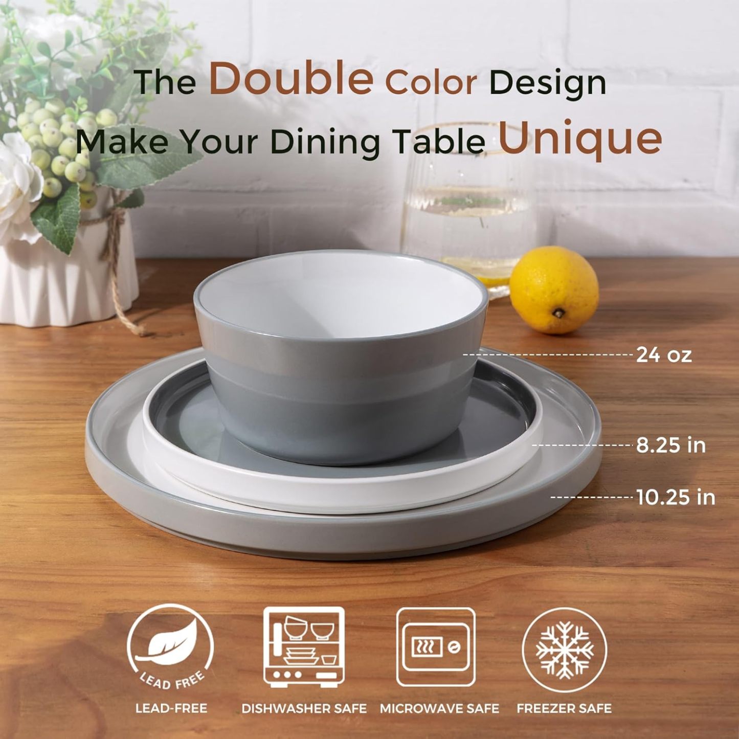 Dinnerware Sets for 4, 12 Piece Stoneware Plates and Bowls Set, Chip and Crack Resistant Plates Set, Dishwasher & Microwave Safe Ceramic Dishes Set - (Grey and White, Service for 4)