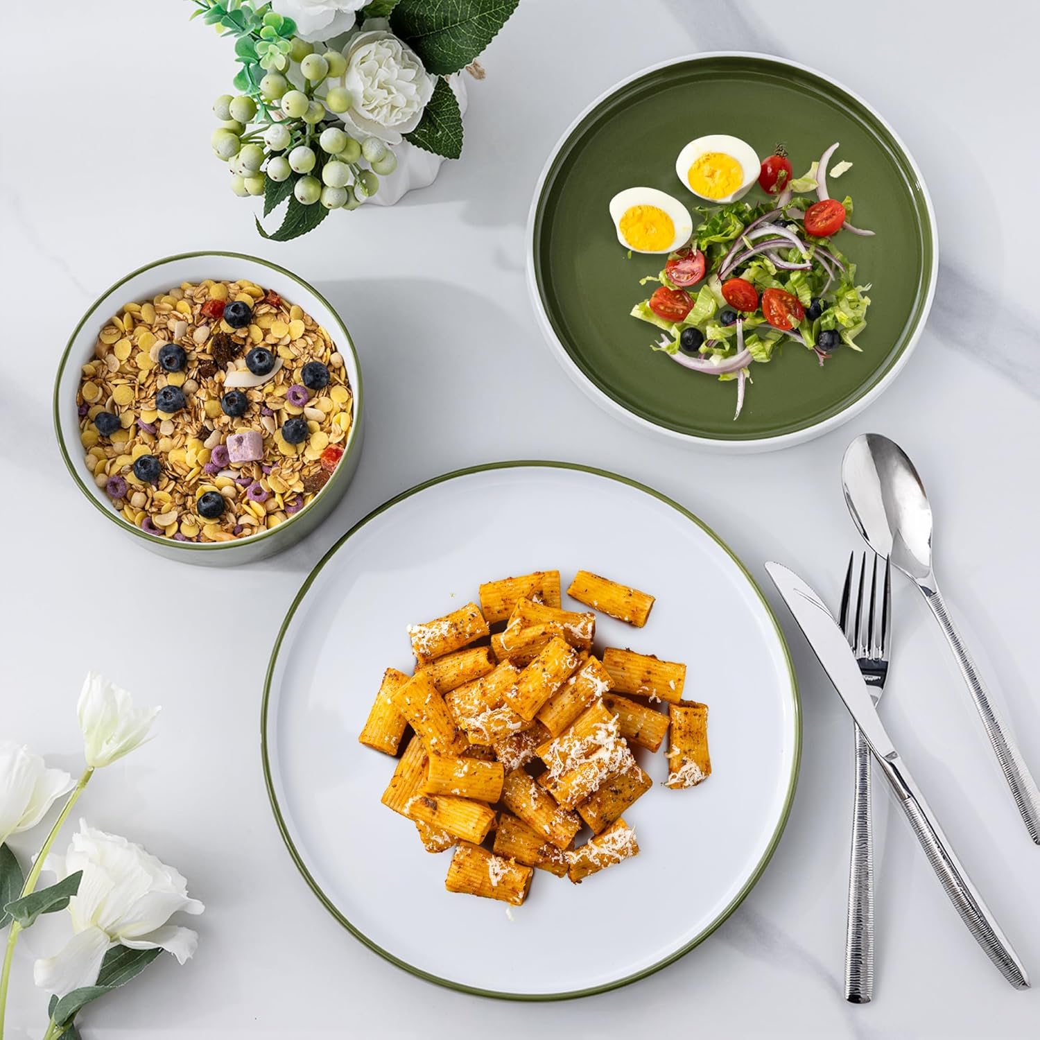 Ceramic Dinnerware Sets for 4, Modern Stoneware Plates and Bowls Sets,Chip and Crack Resistant | Dishwasher & Microwave Safe Ceramic Dishes Set,Service for 4 (12pc)-White&Green