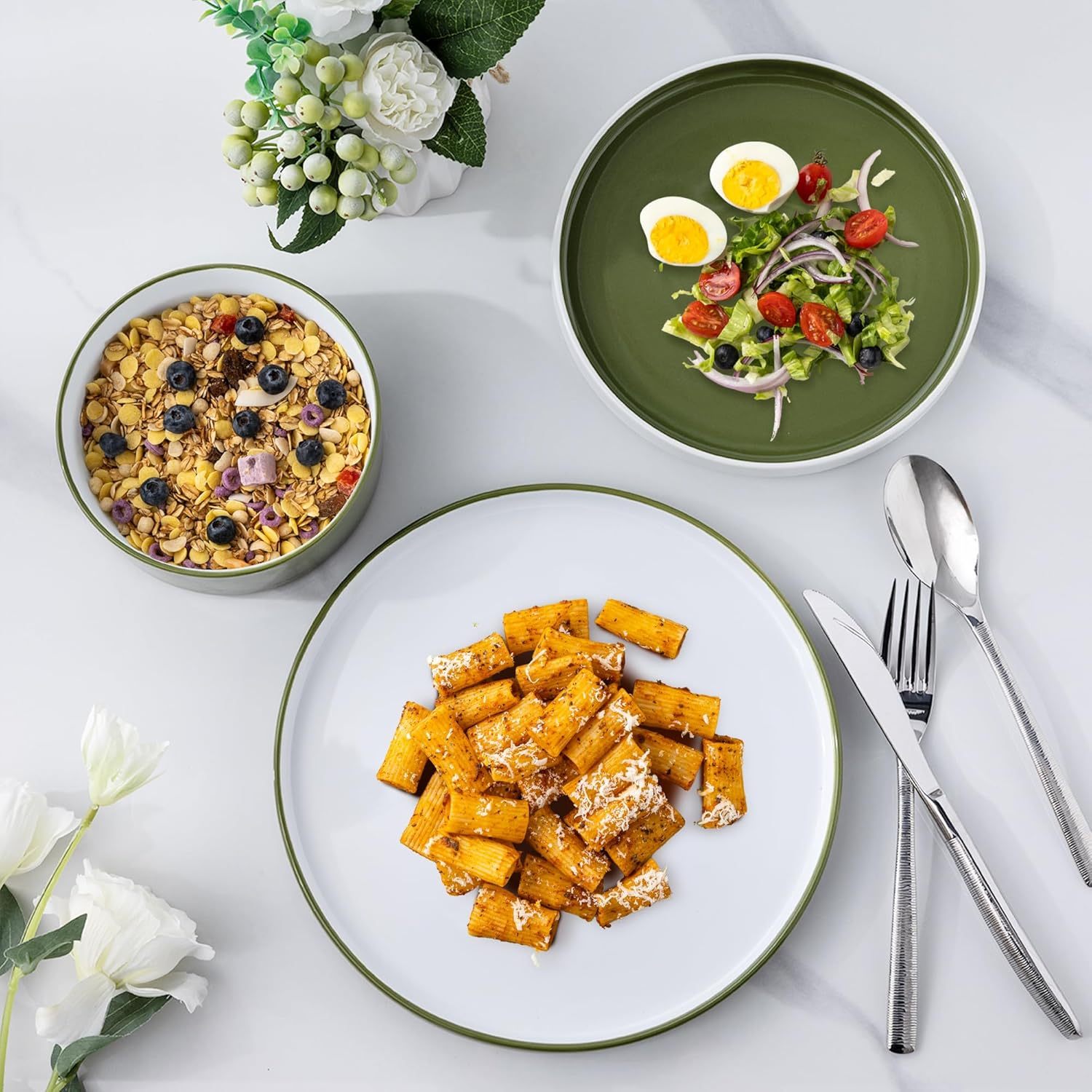 Ceramic Dinnerware Sets for 4, Modern Stoneware Plates and Bowls Sets,Chip and Crack Resistant | Dishwasher & Microwave Safe Ceramic Dishes Set,Service for 4 (12pc)-White&Green