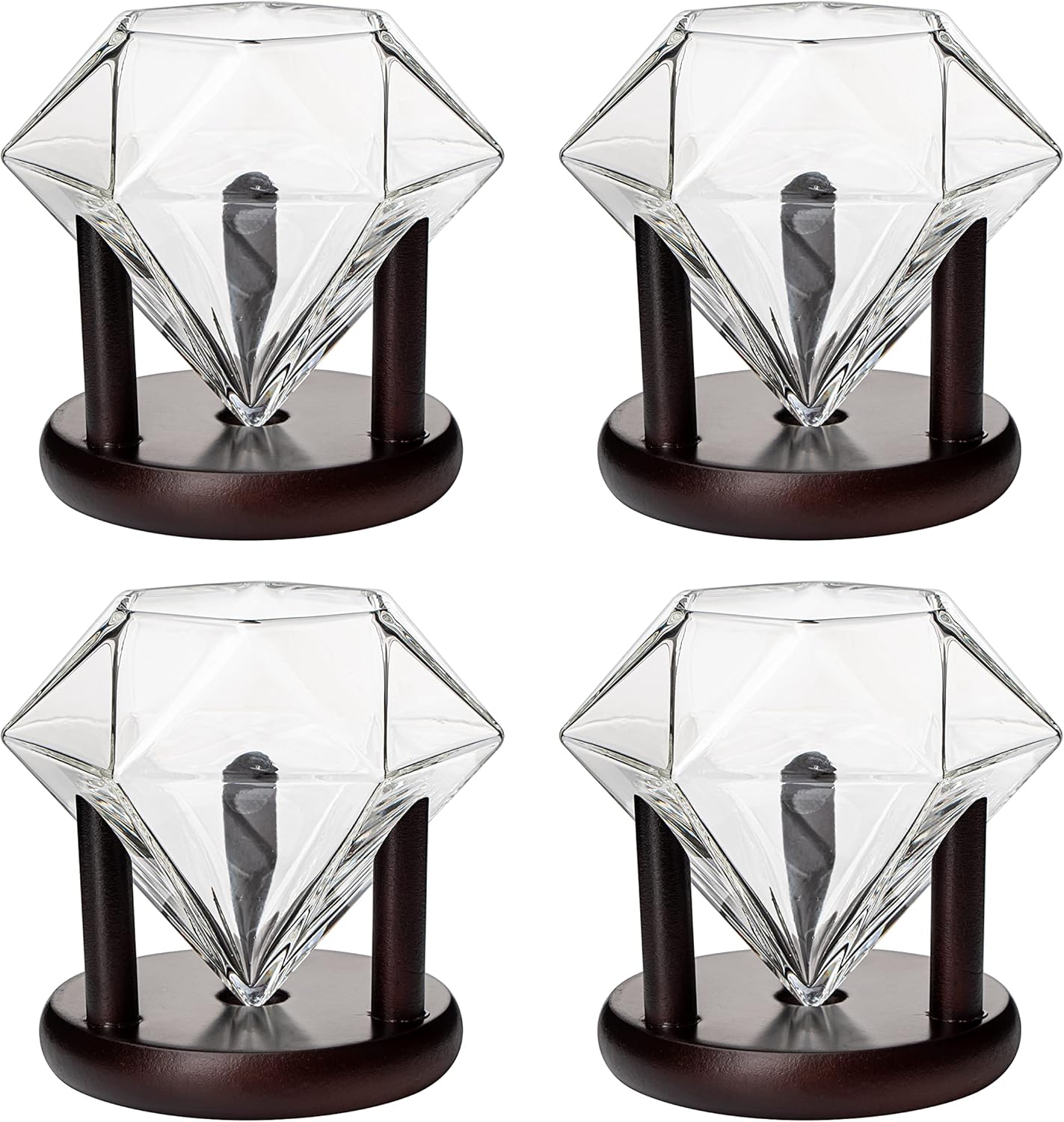 Set of 4 Diamond Whiskey & Wine Glasses With Wood Stands 10oz - Wine, Whiskey, Water, Diamond Shaped