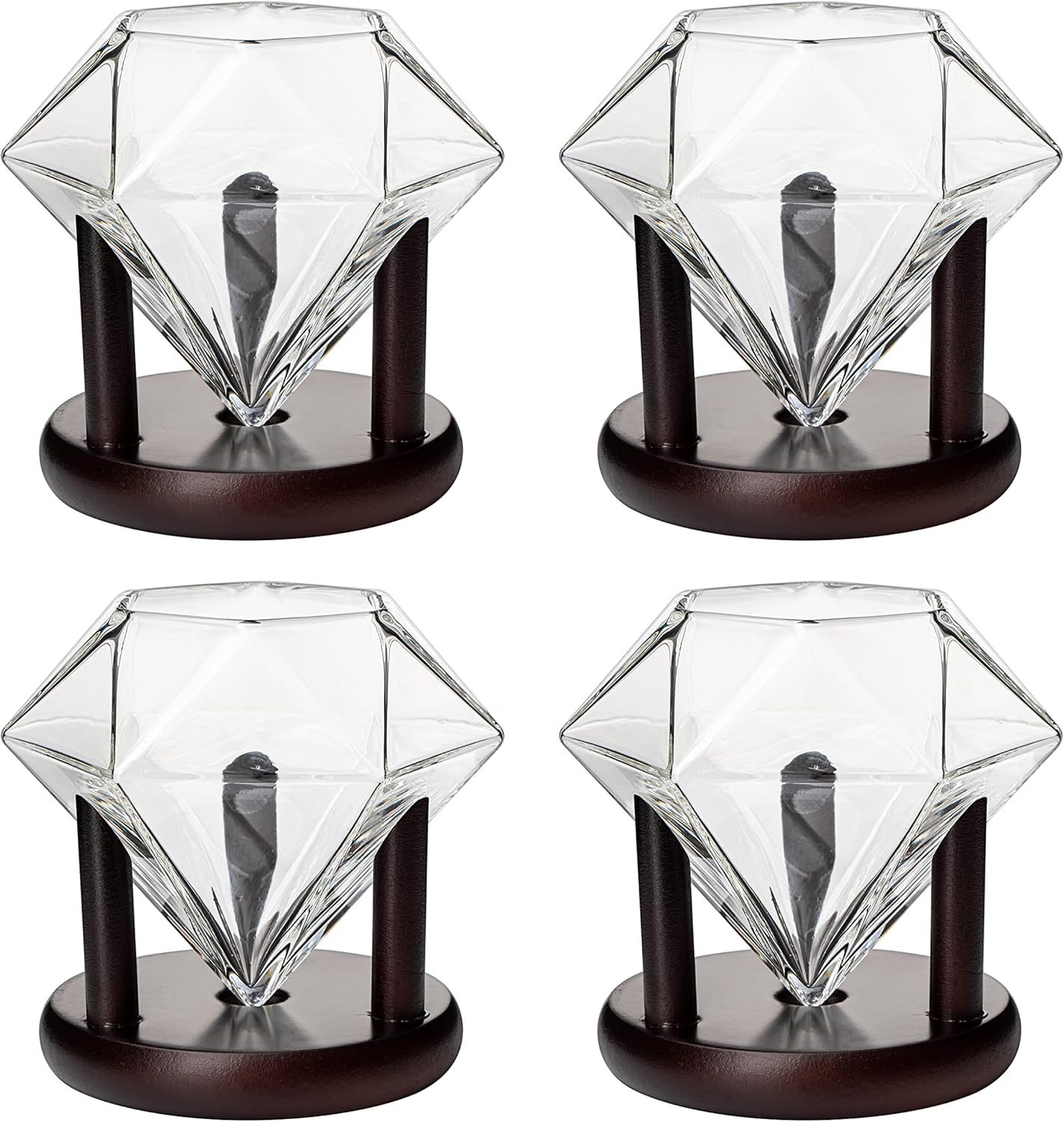 Set of 4 Diamond Whiskey & Wine Glasses With Wood Stands 10oz - Wine, Whiskey, Water, Diamond Shaped