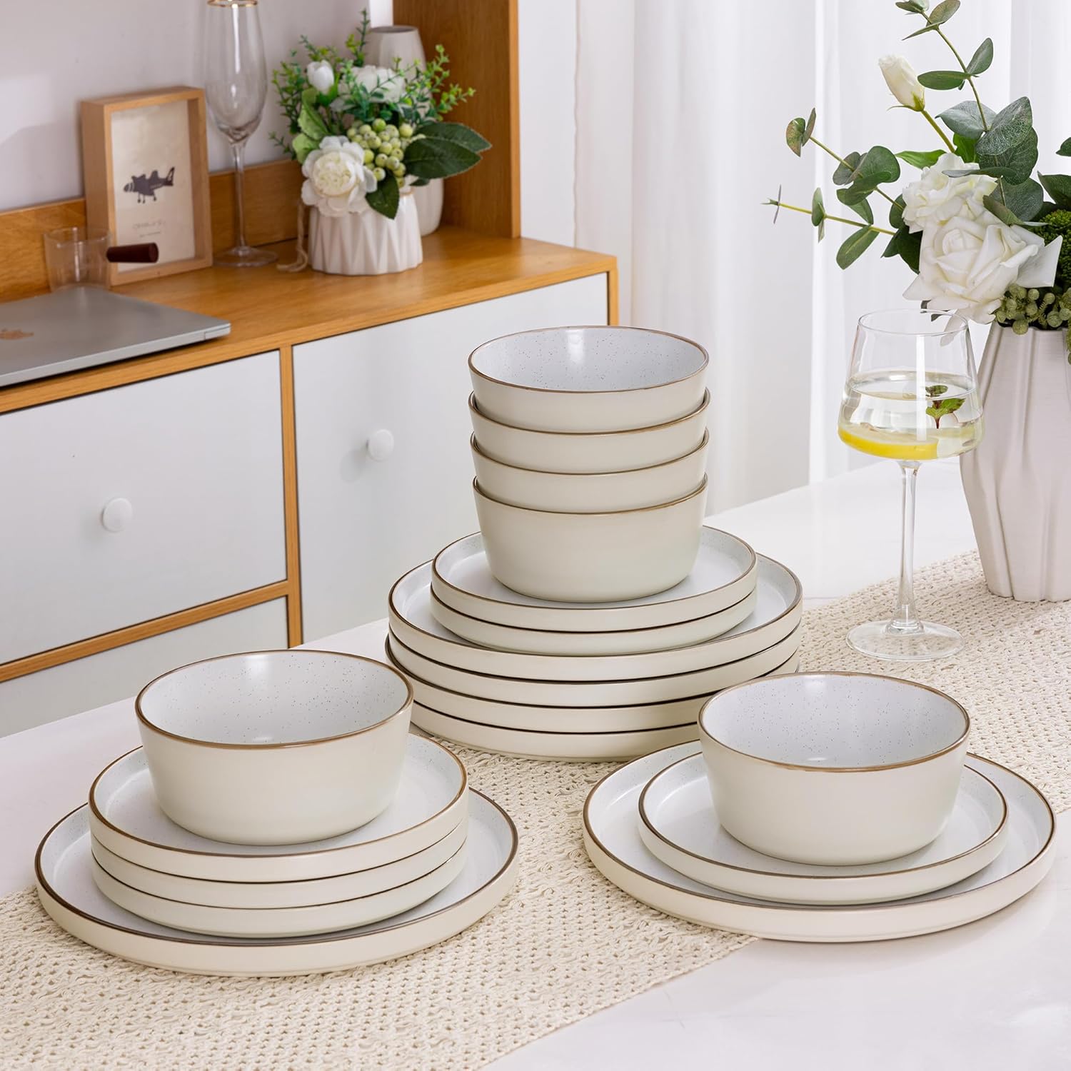 Dinnerware Set for 6, 18 Pieces Ceramic Plates and Bowls Set, Handcrafted Speckled Stoneware Plates Set, Dishwasher & Microwave Safe Dishes Set - (Cream, Service for 6)