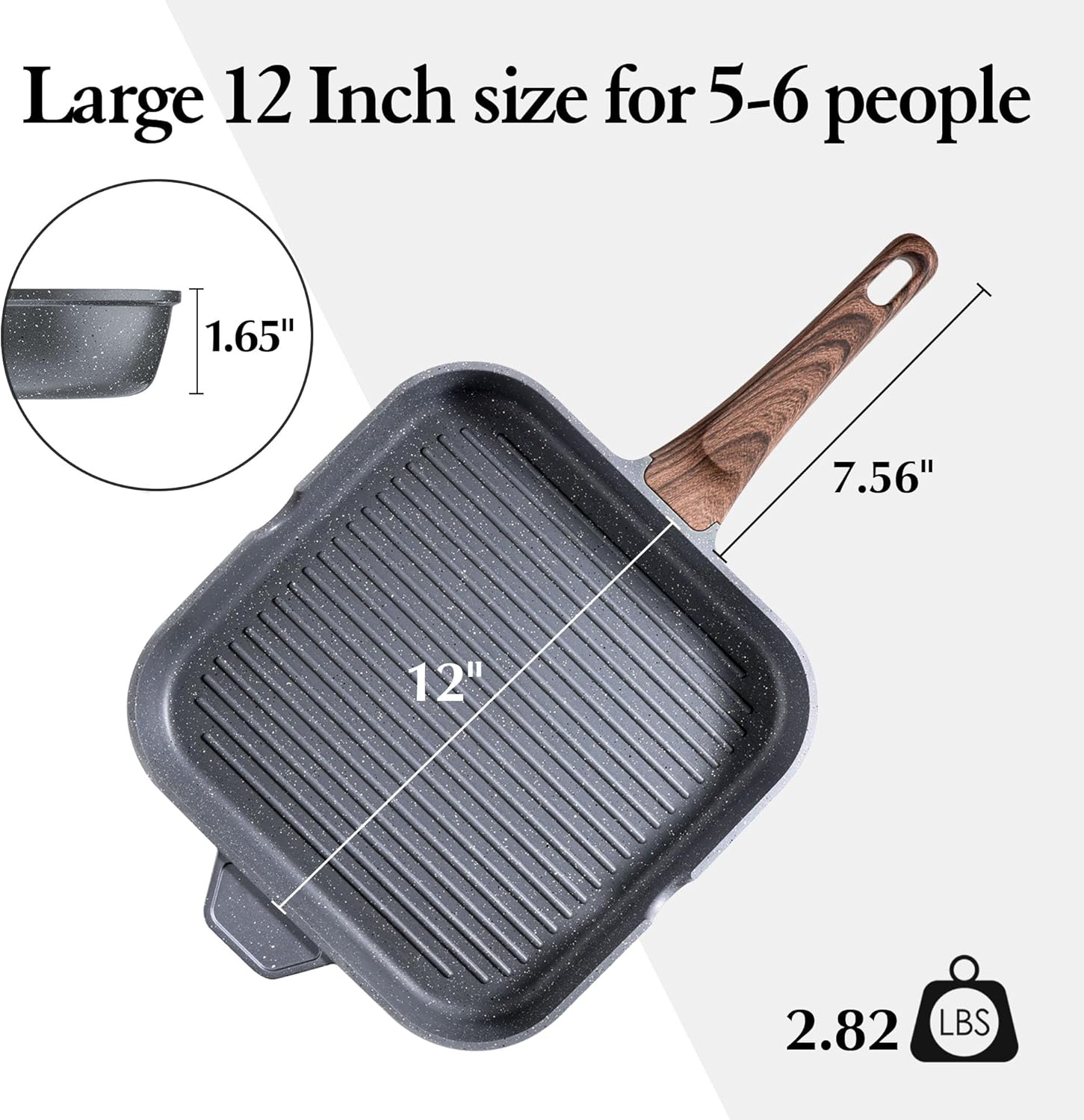 Nonstick Grill Pan for Stove Tops, Versatile Griddle with Pour Spouts, Square Big Cooking Surface, Durable Skillet Indoor & Outdoor Grilling. PFOA Free,12Inch