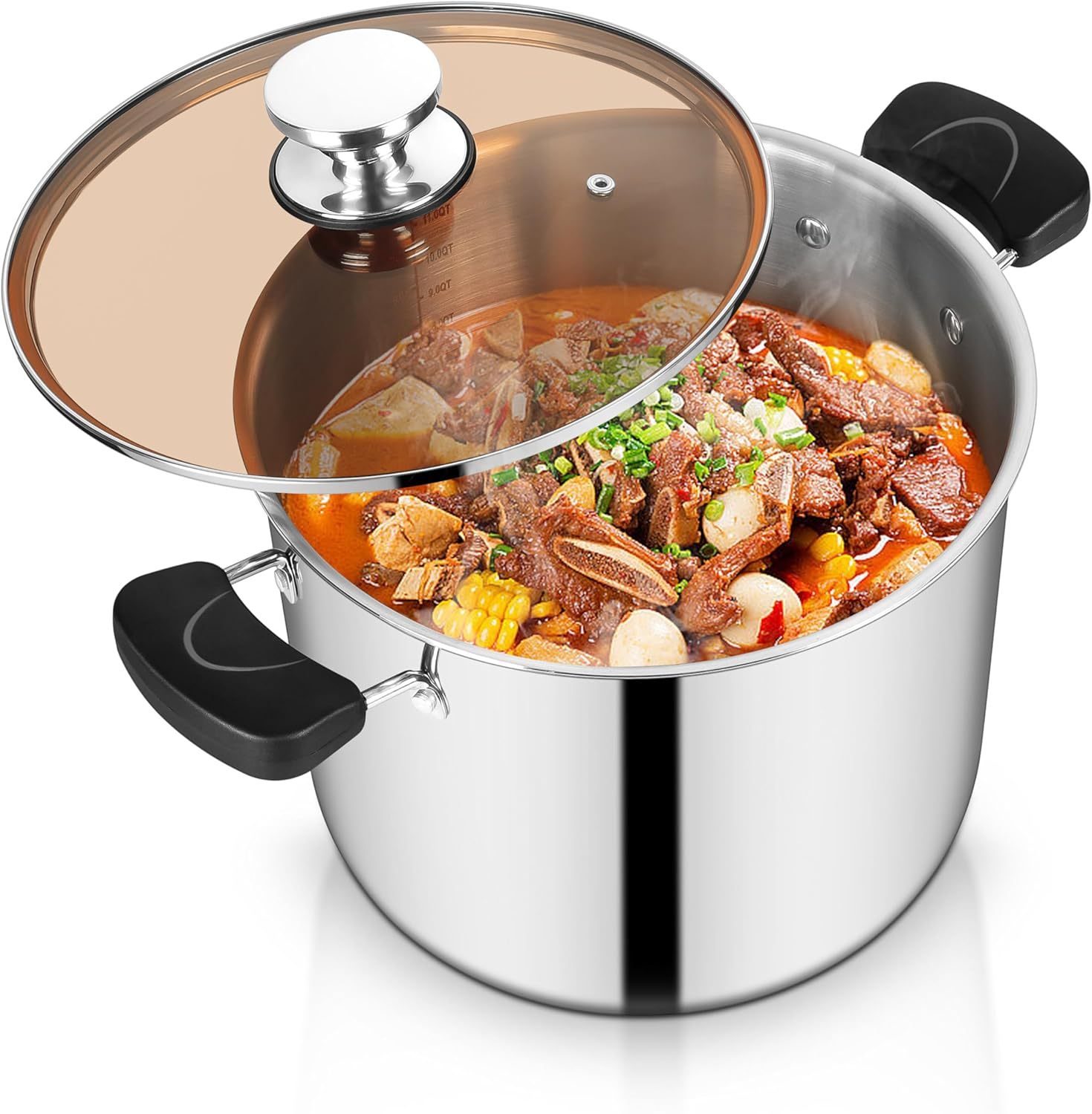 Stainless Steel Tri-ply Pasta Cooking Pot & Glass Lid with Heat-proof Handles, for Cooking Baking Boiling, Non-toxic & Heavy Duty, Various Stovetops & Dishwasher Safe